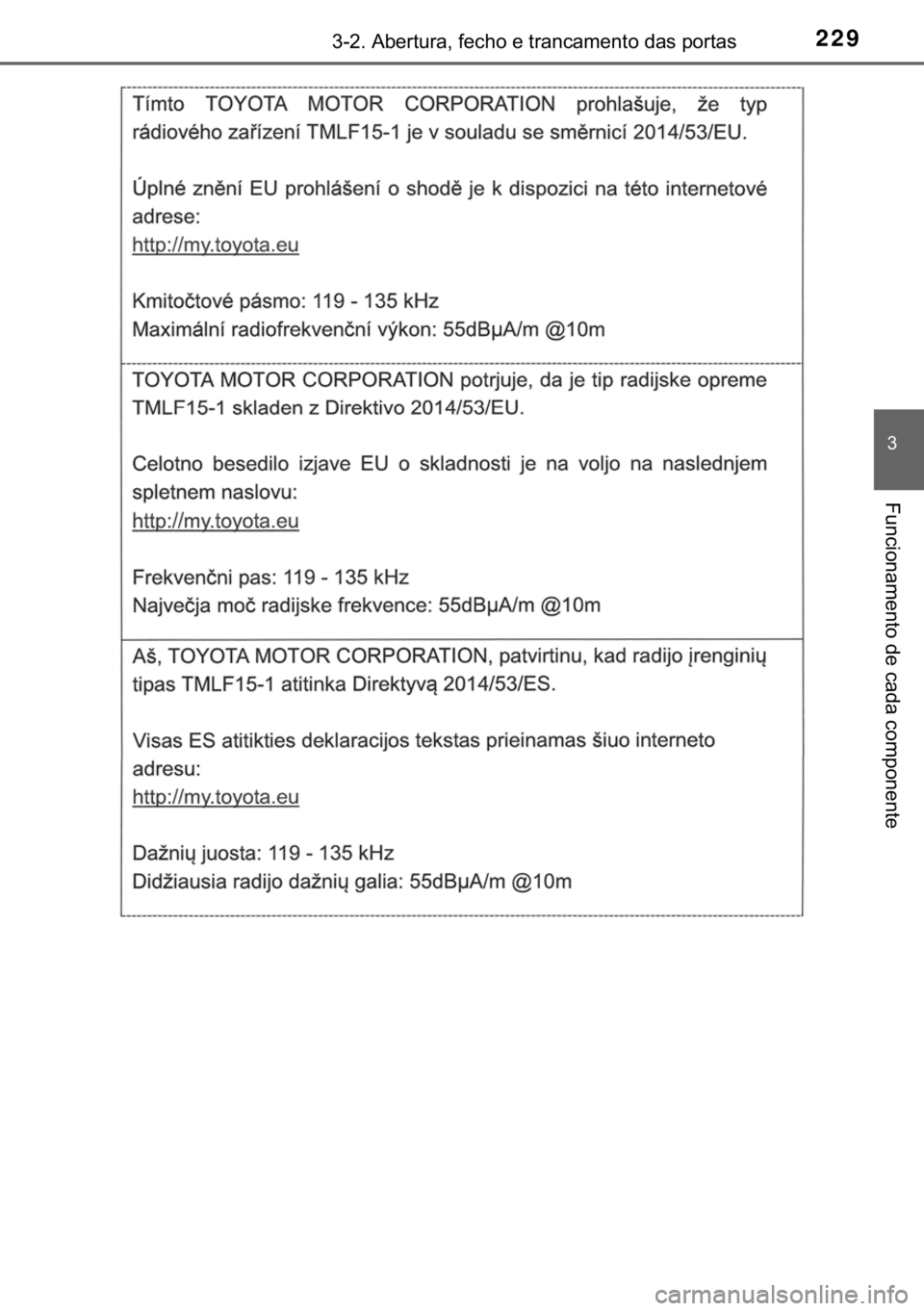 TOYOTA CAMRY 2019  Manual de utilização (in Portuguese) 229������$�E�H�U�W�X�U�D���I�H�F�K�R��H��W�U�D�Q�F�D�P�H�Q�W�R��G�D�V��S�R�U�W�D�V
�
�)�X�Q�F�L�R�Q�D�P�H�Q�W�R��G�H��F�D�G�D��F�R�P�S�R�Q�H�Q�W�H 
