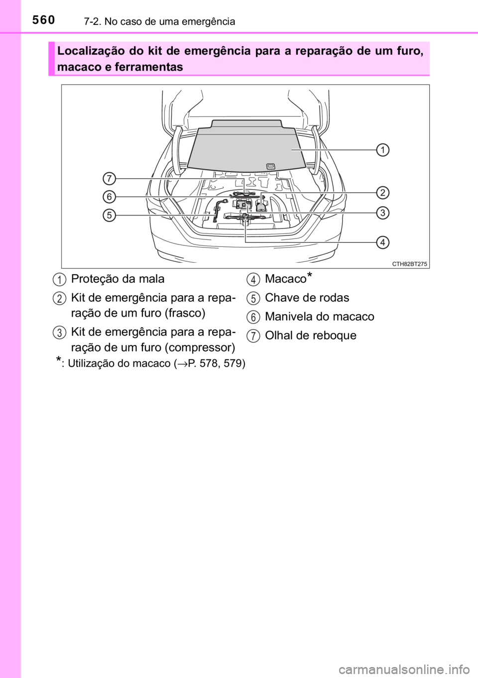 TOYOTA CAMRY 2019  Manual de utilização (in Portuguese) 560������1�R��F�D�V�R��G�H��X�P�D��H�P�H�U�J�r�Q�F�L�D
�
� �8�W�L�O�L�]�D�o�m�R��G�R��P�D�F�D�F�R��→�3�����������
�/�R�F�D�O�L�]�D�o�m�R� �G�R� �N�L�W� �G�H� �H�P�H�U�J�