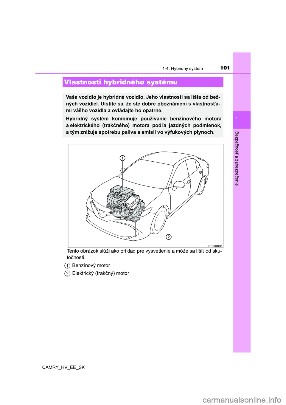 TOYOTA CAMRY 2019 Návod na použitie (in Slovakian) 101
1
Bezpečnosť a zabezpečenie
CAMRY_HV_EE_SK
1-4. Hybridný systém
Tento obrázok slúži ako príklad pre vysvetlenie a môže sa líšiť od sku-
točnosti.
Benzínový motor
Elektrický (tr TOYOTA CAMRY 2019 Návod na použitie (in Slovakian) 101
1
Bezpečnosť a zabezpečenie
CAMRY_HV_EE_SK
1-4. Hybridný systém
Tento obrázok slúži ako príklad pre vysvetlenie a môže sa líšiť od sku-
točnosti.
Benzínový motor
Elektrický (tr
