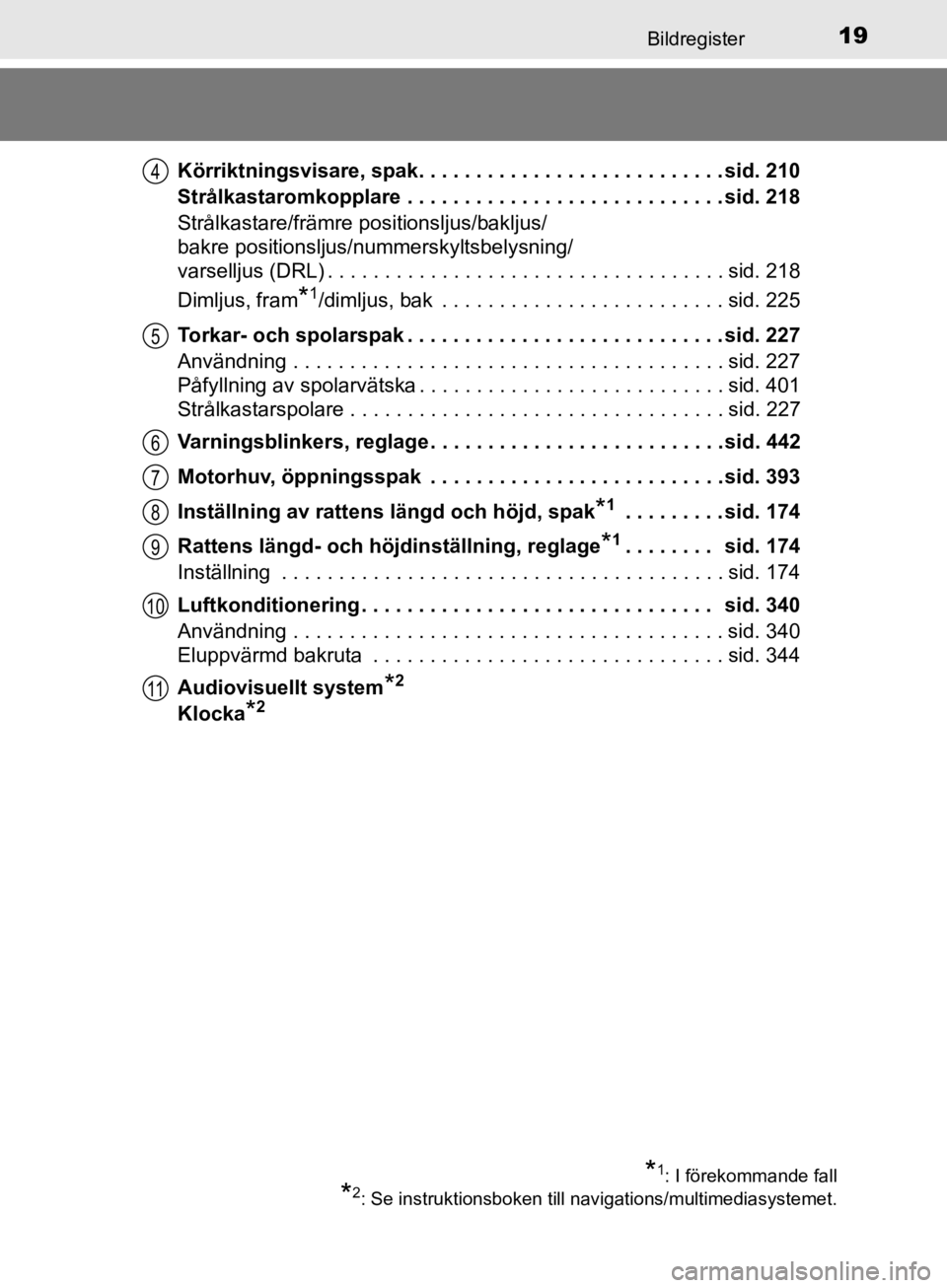 TOYOTA CAMRY 2019  Bruksanvisningar (in Swedish) 19Bildregister
CAMRY_HV_OM33E11SEKörriktningsvisare, spak. . . . . . . . . . . . . . . . . . . . . . . . . . . sid. 210
Strålkastaromkopplare . . . . . . . . . . . . . . . . . . . . . . . . . . . . 