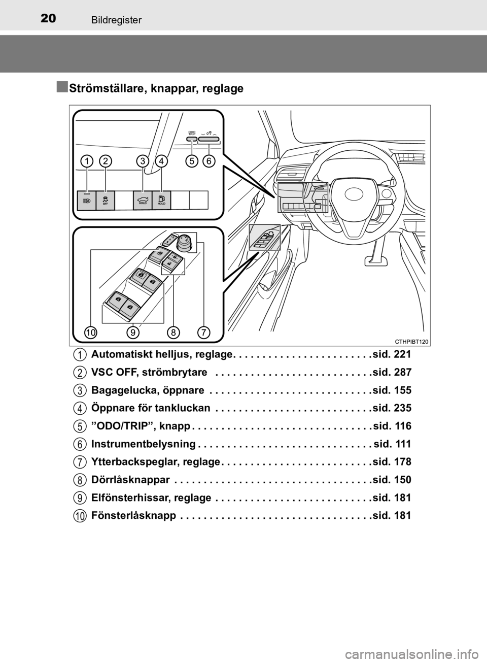 TOYOTA CAMRY 2019  Bruksanvisningar (in Swedish) 20Bildregister
CAMRY_HV_OM33E11SE
nStrömställare, knappar, reglage
Automatiskt helljus, reglage. . . . . . . . . . . . . . . . . . . . . . . . sid. 221
VSC OFF, strömbrytare   . . . . . . . . . . .