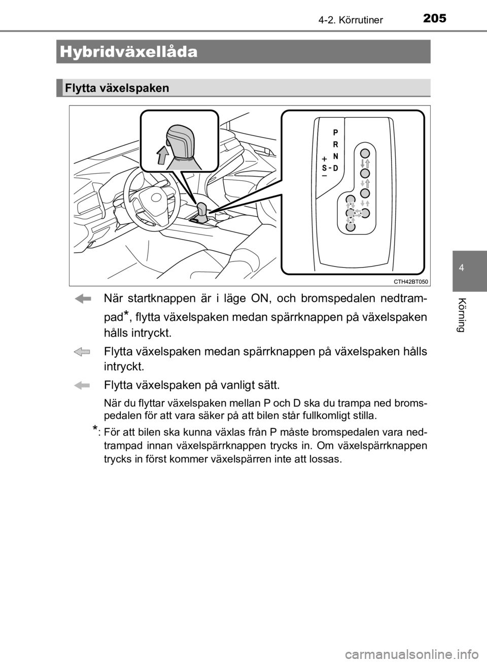 TOYOTA CAMRY 2019  Bruksanvisningar (in Swedish) 2054-2. Körrutiner
CAMRY_HV_OM33E11SE
4
KörningNär startknappen är i läge ON, och bromspedalen nedtram-
pad
*, flytta växelspaken medan  spärrknappen på växelspaken
hålls intryckt.
Flytta v TOYOTA CAMRY 2019  Bruksanvisningar (in Swedish) 2054-2. Körrutiner
CAMRY_HV_OM33E11SE
4
KörningNär startknappen är i läge ON, och bromspedalen nedtram-
pad
*, flytta växelspaken medan  spärrknappen på växelspaken
hålls intryckt.
Flytta v