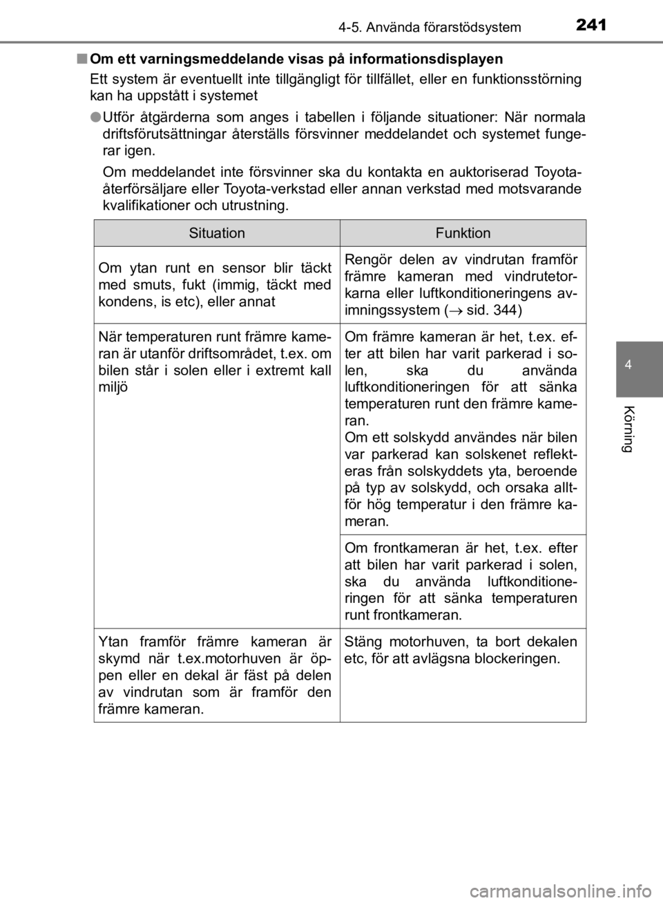 TOYOTA CAMRY 2019  Bruksanvisningar (in Swedish) 2414-5. Använda förarstödsystem
CAMRY_HV_OM33E11SE
4
Körning
nOm ett varningsmeddelande vi sas på informationsdisplayen
Ett system är eventuellt inte tillgängligt för tillfället, eller en fun TOYOTA CAMRY 2019  Bruksanvisningar (in Swedish) 2414-5. Använda förarstödsystem
CAMRY_HV_OM33E11SE
4
Körning
nOm ett varningsmeddelande vi sas på informationsdisplayen
Ett system är eventuellt inte tillgängligt för tillfället, eller en fun