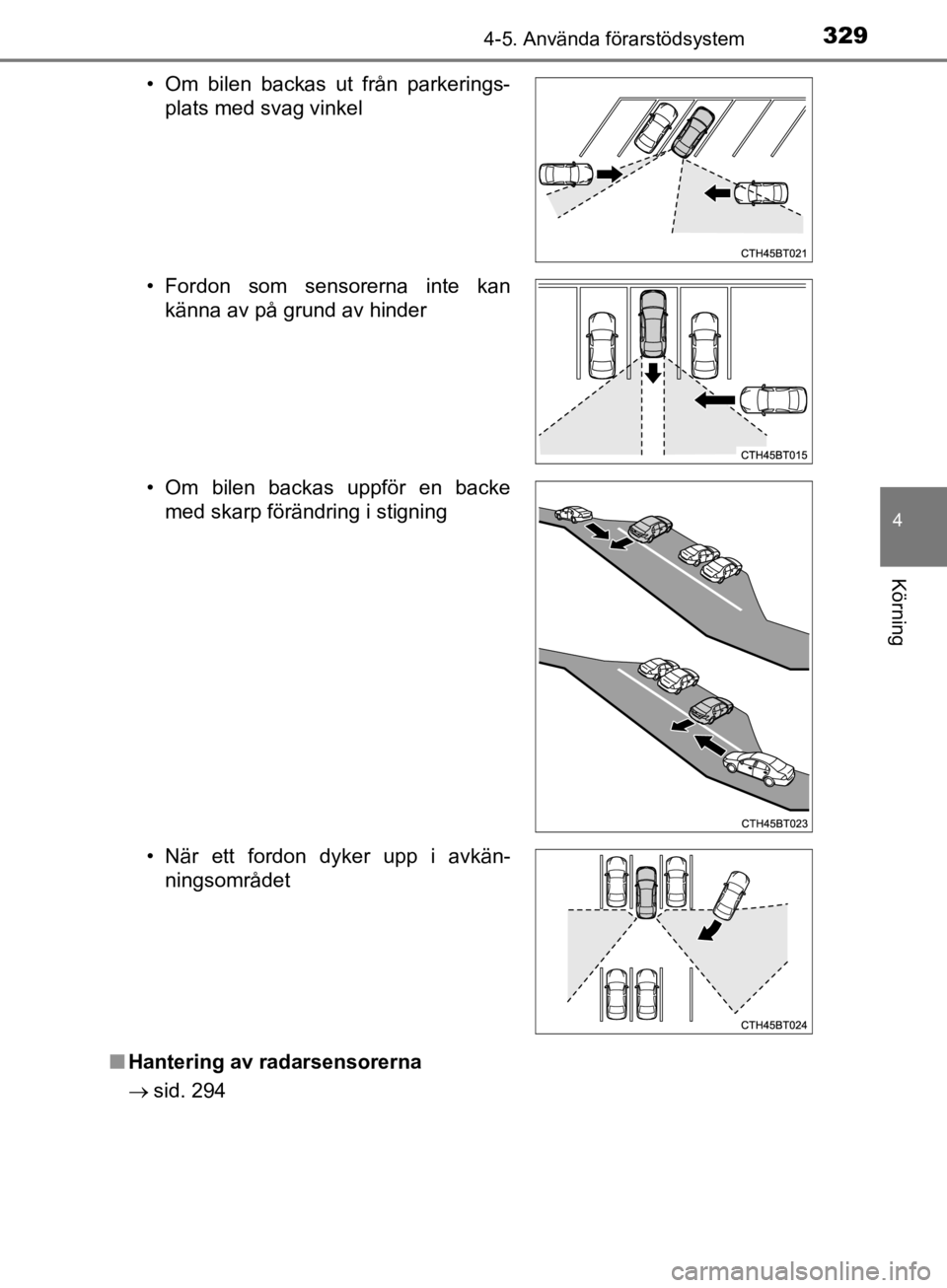 TOYOTA CAMRY 2019  Bruksanvisningar (in Swedish) 3294-5. Använda förarstödsystem
CAMRY_HV_OM33E11SE
4
Körning
nHantering av radarsensorerna
 sid. 294
• Om bilen backas ut från parkerings-
plats med svag vinkel
• Fordon som sensorerna int TOYOTA CAMRY 2019  Bruksanvisningar (in Swedish) 3294-5. Använda förarstödsystem
CAMRY_HV_OM33E11SE
4
Körning
nHantering av radarsensorerna
 sid. 294
• Om bilen backas ut från parkerings-
plats med svag vinkel
• Fordon som sensorerna int