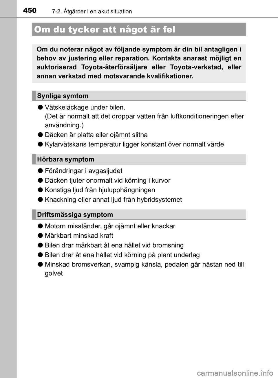 TOYOTA CAMRY 2019  Bruksanvisningar (in Swedish) 4507-2. Åtgärder i en akut situation
CAMRY_HV_OM33E11SE
lVätskeläckage under bilen. 
(Det är normalt att det droppar vatten från luftkonditioneringen efter
användning.)
l Däcken är platta ell TOYOTA CAMRY 2019  Bruksanvisningar (in Swedish) 4507-2. Åtgärder i en akut situation
CAMRY_HV_OM33E11SE
lVätskeläckage under bilen. 
(Det är normalt att det droppar vatten från luftkonditioneringen efter
användning.)
l Däcken är platta ell