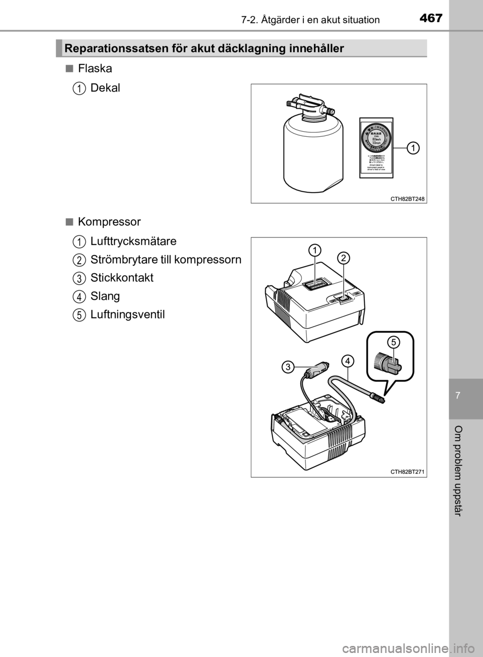 TOYOTA CAMRY 2019  Bruksanvisningar (in Swedish) 4677-2. Åtgärder i en akut situation
CAMRY_HV_OM33E11SE
7
Om problem uppstår
nFlaskaDekal
nKompressor
Lufttrycksmätare
Strömbrytare till kompressorn
Stickkontakt
Slang
Luftningsventil
Reparations