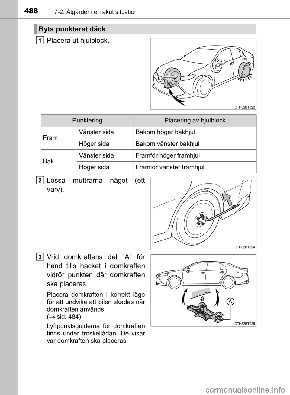 TOYOTA CAMRY 2019  Bruksanvisningar (in Swedish) 4887-2. Åtgärder i en akut situation
CAMRY_HV_OM33E11SE
Placera ut hjulblock.
Lossa muttrarna något (ett
varv).
Vrid domkraftens del ”A” för
hand tills hacket i domkraften
vidrör punkten där