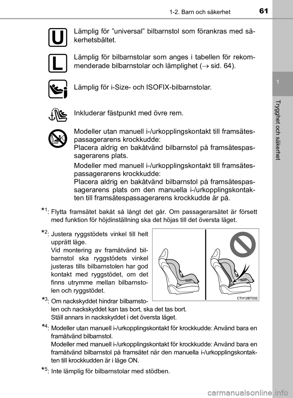TOYOTA CAMRY 2019  Bruksanvisningar (in Swedish) 611-2. Barn och säkerhet
1
Trygghet och säkerhet
CAMRY_HV_OM33E11SE
*1: Flytta framsätet bakåt så långt det går. Om passagerarsätet är försettmed funktion för höjdinställning ska det höj TOYOTA CAMRY 2019  Bruksanvisningar (in Swedish) 611-2. Barn och säkerhet
1
Trygghet och säkerhet
CAMRY_HV_OM33E11SE
*1: Flytta framsätet bakåt så långt det går. Om passagerarsätet är försettmed funktion för höjdinställning ska det höj