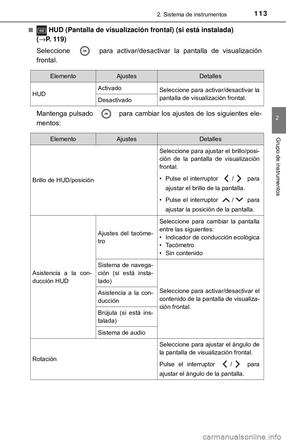 TOYOTA CAMRY 2017 Manual del propietario (in Spanish) 1132. Sistema de instrumentos
2
Grupo de instrumentos
■ HUD (Pantalla de visualización frontal) (si está instalada)
( →P. 119)
Seleccione para activar/desactivar la pantalla de visualización TOYOTA CAMRY 2017 Manual del propietario (in Spanish) 1132. Sistema de instrumentos
2
Grupo de instrumentos
■ HUD (Pantalla de visualización frontal) (si está instalada)
( →P. 119)
Seleccione para activar/desactivar la pantalla de visualización