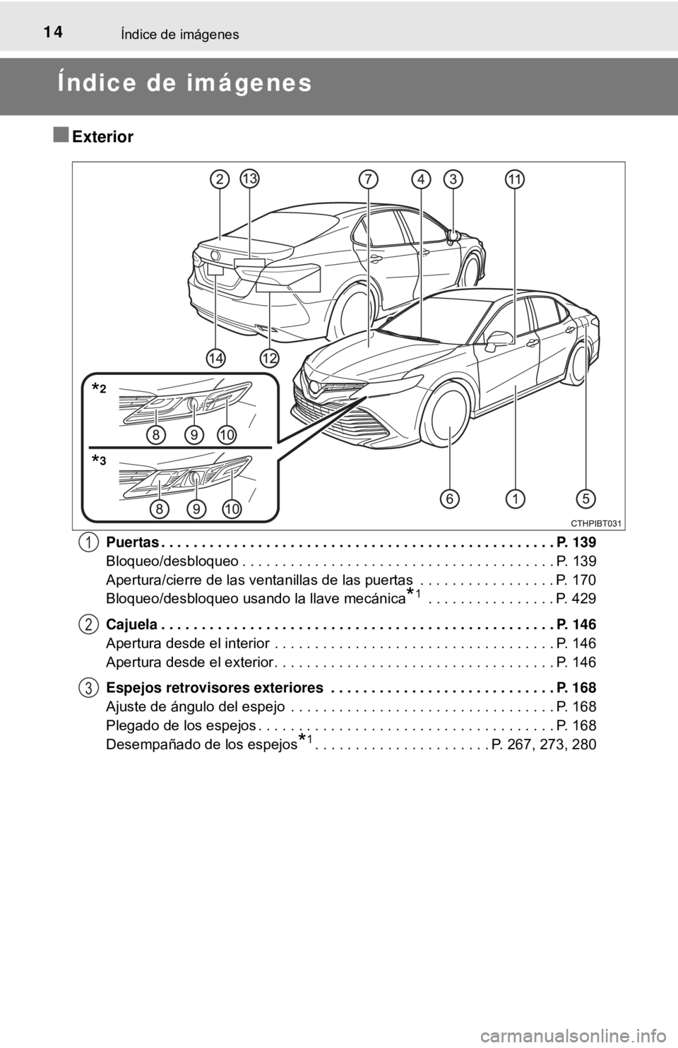 TOYOTA CAMRY 2017  Manual del propietario (in Spanish) 14Índice de imágenes
Índice de imágenes
■Exterior
Puertas . . . . . . . . . . . . . . . . . . . . . . . . . . . . . . . . . . . . . . . . . . . . . . . . . P. 139
Bloqueo/desbloqueo . . . . . . 