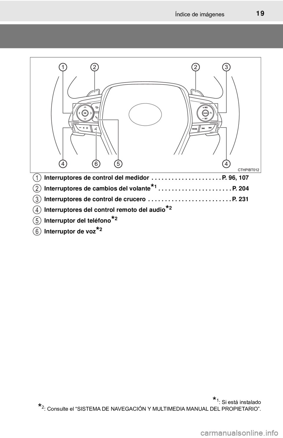 TOYOTA CAMRY 2017  Manual del propietario (in Spanish) 19Índice de imágenes
Interruptores de control del medidor  . . . . . . . . . . . . . . . . . . . . . P. 96, 107
Interruptores de cambios del volante
*1. . . . . . . . . . . . . . . . . . . . . . P. 