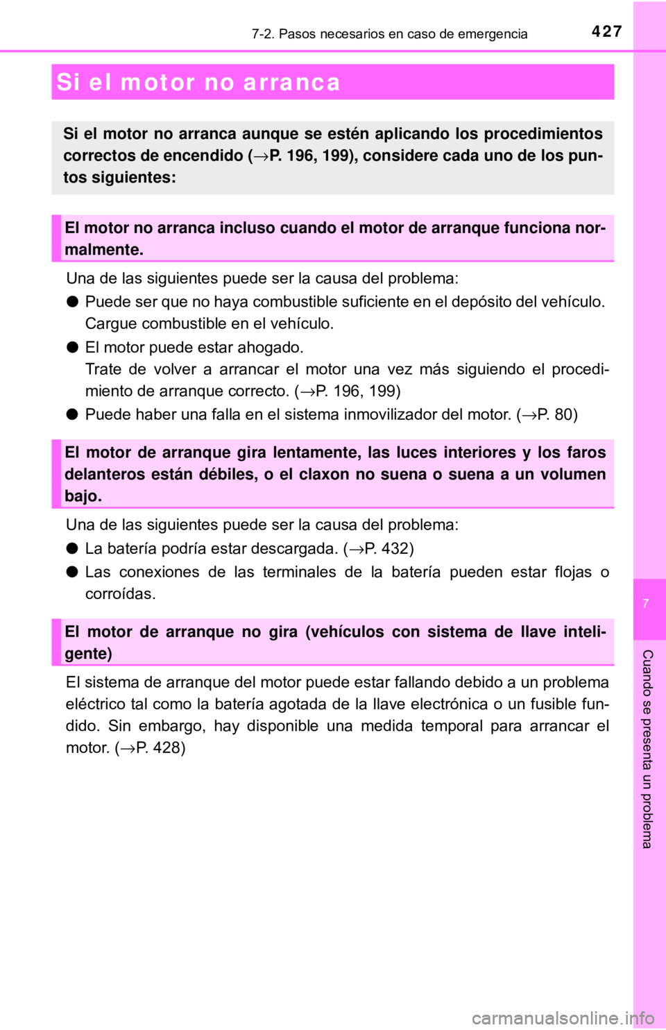 TOYOTA CAMRY 2017 Manual del propietario (in Spanish) 4277-2. Pasos necesarios en caso de emergencia
7
Cuando se presenta un problema
Una de las siguientes puede ser la causa del problema:
●Puede ser que no haya combustible suficiente en el depósito d TOYOTA CAMRY 2017 Manual del propietario (in Spanish) 4277-2. Pasos necesarios en caso de emergencia
7
Cuando se presenta un problema
Una de las siguientes puede ser la causa del problema:
●Puede ser que no haya combustible suficiente en el depósito d