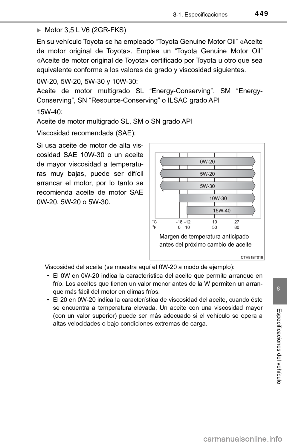 TOYOTA CAMRY 2017 Manual del propietario (in Spanish) 4498-1. Especificaciones
8
Especificaciones del vehículo
Motor 3,5 L V6 (2GR-FKS)
En su vehículo Toyota se ha empleado “Toyota Genuine Motor Oil” «Aceite
de motor original de Toyota». Emple TOYOTA CAMRY 2017 Manual del propietario (in Spanish) 4498-1. Especificaciones
8
Especificaciones del vehículo
Motor 3,5 L V6 (2GR-FKS)
En su vehículo Toyota se ha empleado “Toyota Genuine Motor Oil” «Aceite
de motor original de Toyota». Emple