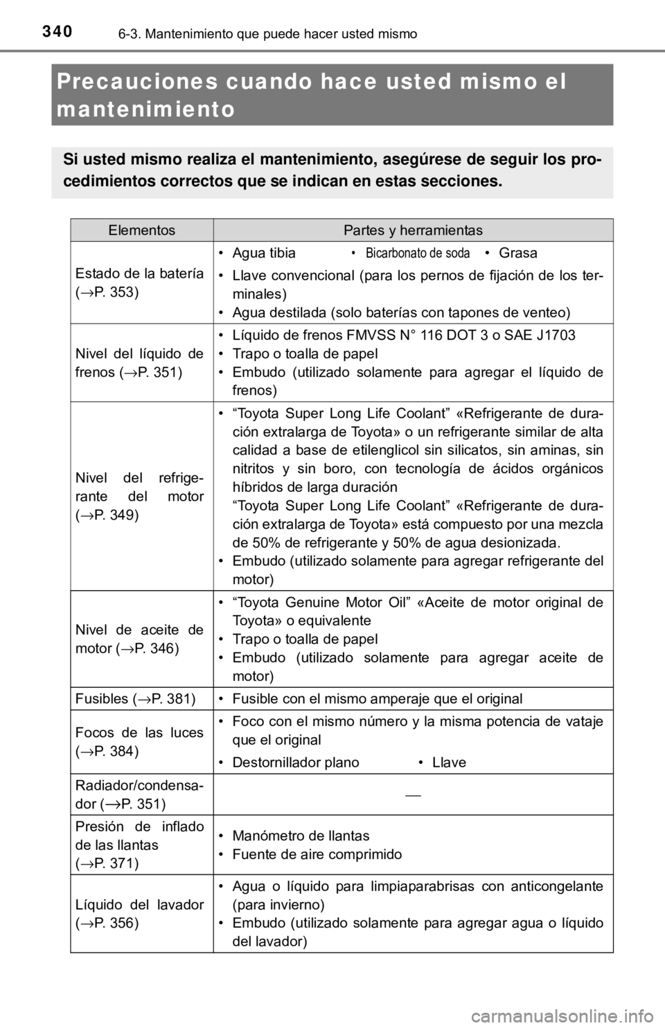 TOYOTA CAMRY 2016  Manual del propietario (in Spanish) 3406-3. Mantenimiento que puede hacer usted mismo
Precauciones cuando hace usted mismo el 
mantenimiento
Si usted mismo realiza el manten imiento, asegúrese de seguir los pro-
cedimientos correctos q