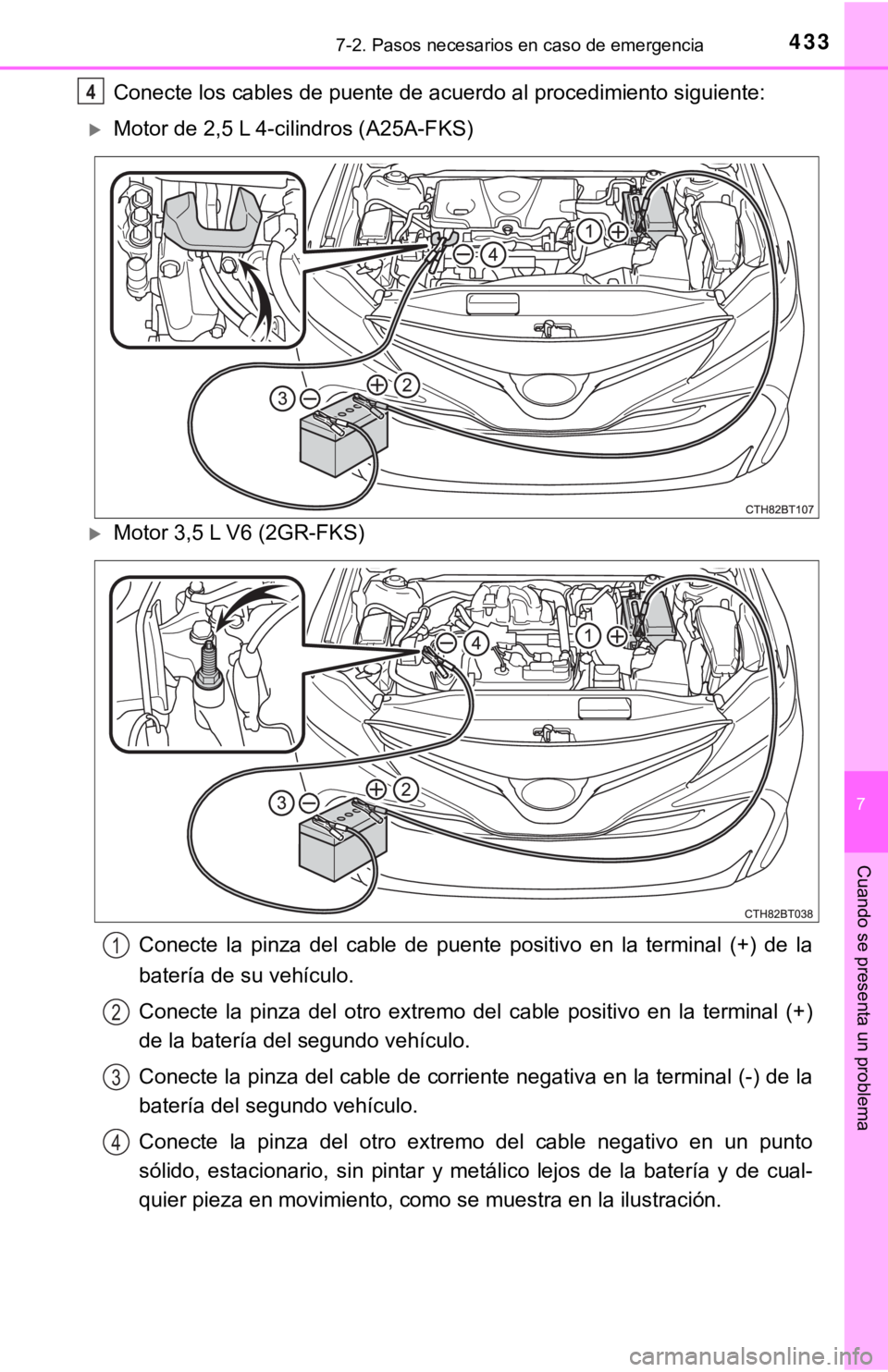 TOYOTA CAMRY 2016 Manual del propietario (in Spanish) 4337-2. Pasos necesarios en caso de emergencia
7
Cuando se presenta un problema
Conecte los cables de puente de acuerdo al procedimiento siguiente:
Motor de 2,5 L 4-cilindros (A25A-FKS)
Motor 3, TOYOTA CAMRY 2016 Manual del propietario (in Spanish) 4337-2. Pasos necesarios en caso de emergencia
7
Cuando se presenta un problema
Conecte los cables de puente de acuerdo al procedimiento siguiente:
Motor de 2,5 L 4-cilindros (A25A-FKS)
Motor 3,