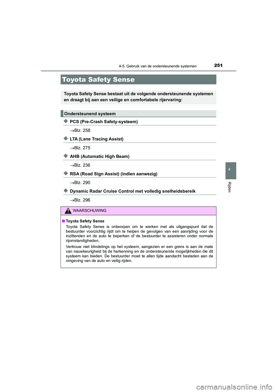 TOYOTA CAMRY HYBRID 2021 Instructieboekje (in Dutch) 251
CAMRY_HV_EE
4
Rijden
4-5. Gebruik van de ondersteunende systemen
◆PCS (Pre-Crash Safety-systeem)
Blz. 258
◆LTA (Lane Tracing Assist)
Blz. 275
◆AHB (Automatic High Beam)
Blz. 236
◆ TOYOTA CAMRY HYBRID 2021 Instructieboekje (in Dutch) 251
CAMRY_HV_EE
4
Rijden
4-5. Gebruik van de ondersteunende systemen
◆PCS (Pre-Crash Safety-systeem)
Blz. 258
◆LTA (Lane Tracing Assist)
Blz. 275
◆AHB (Automatic High Beam)
Blz. 236
◆
