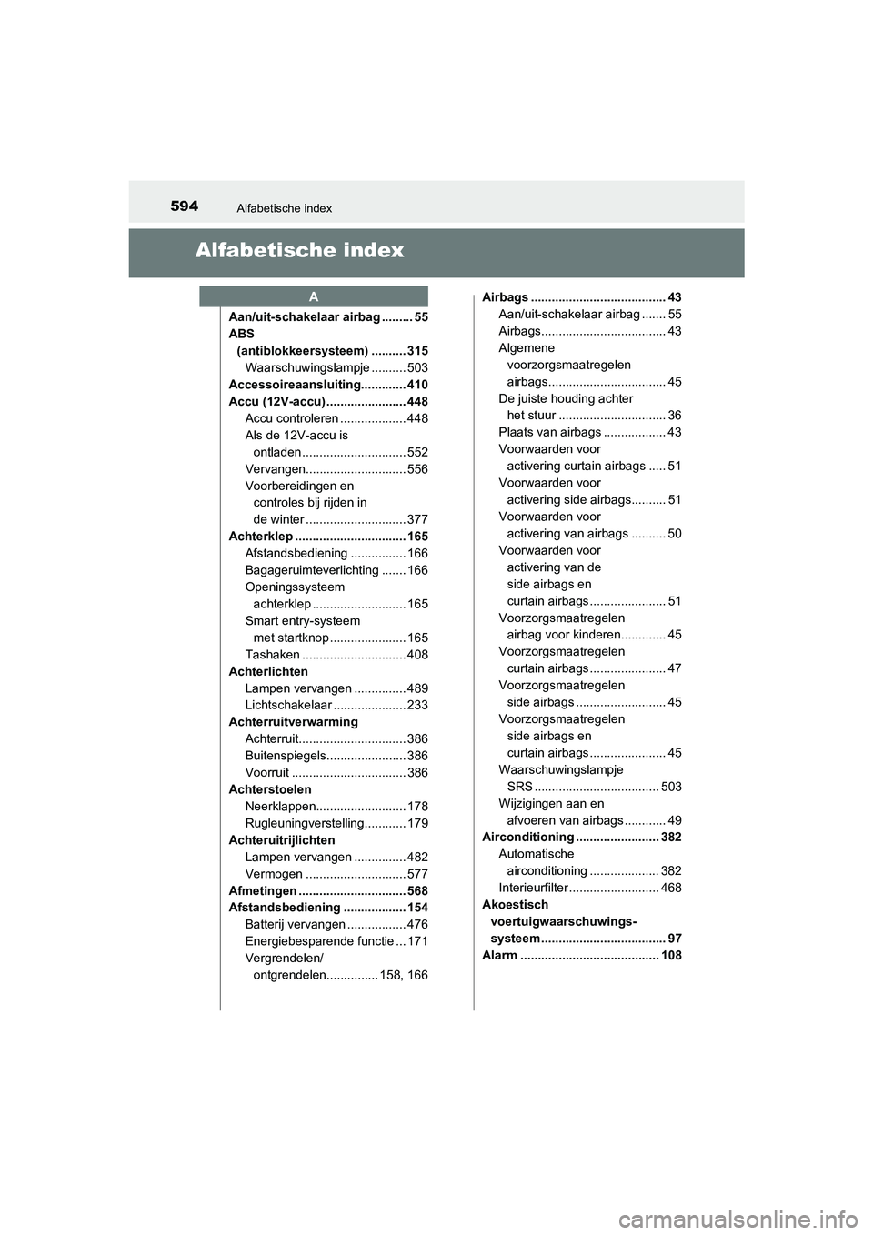 TOYOTA CAMRY HYBRID 2021  Instructieboekje (in Dutch) 594
CAMRY_HV_EE
Alfabetische index
Alfabetische index
Aan/uit-schakelaar airbag ......... 55
ABS 
(antiblokkeersysteem) .......... 315
Waarschuwingslampje .......... 503
Accessoireaansluiting.........