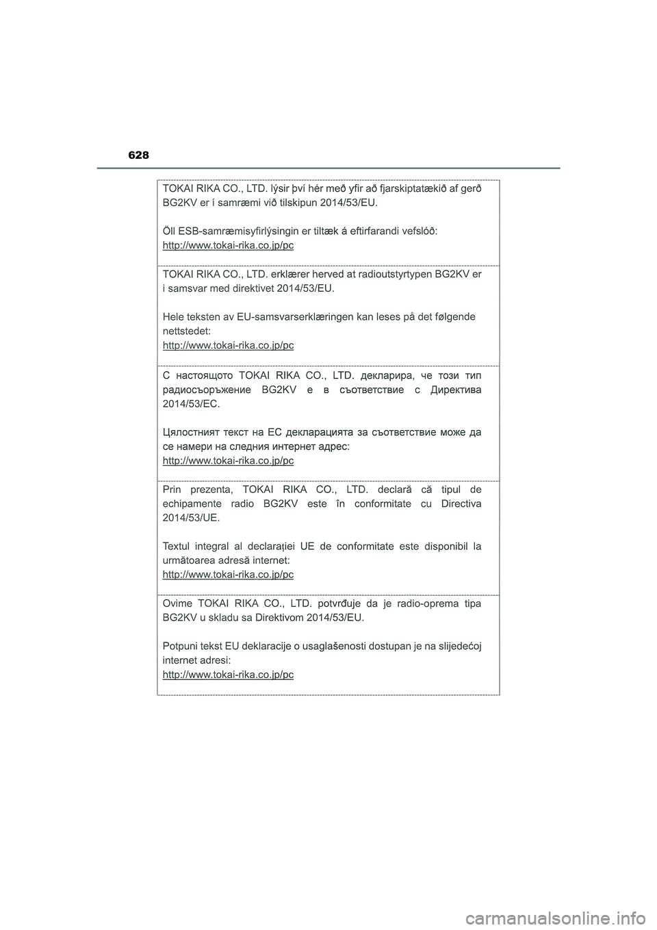TOYOTA CAMRY HYBRID 2021 Instructieboekje (in Dutch) 628
CAMRY_HV_EE
CAMRY_HV_OM_Europe_OM33F05E.book Page 628 Wednesday, January 20, 2021 6:09 PM TOYOTA CAMRY HYBRID 2021 Instructieboekje (in Dutch) 628
CAMRY_HV_EE
CAMRY_HV_OM_Europe_OM33F05E.book Page 628 Wednesday, January 20, 2021 6:09 PM