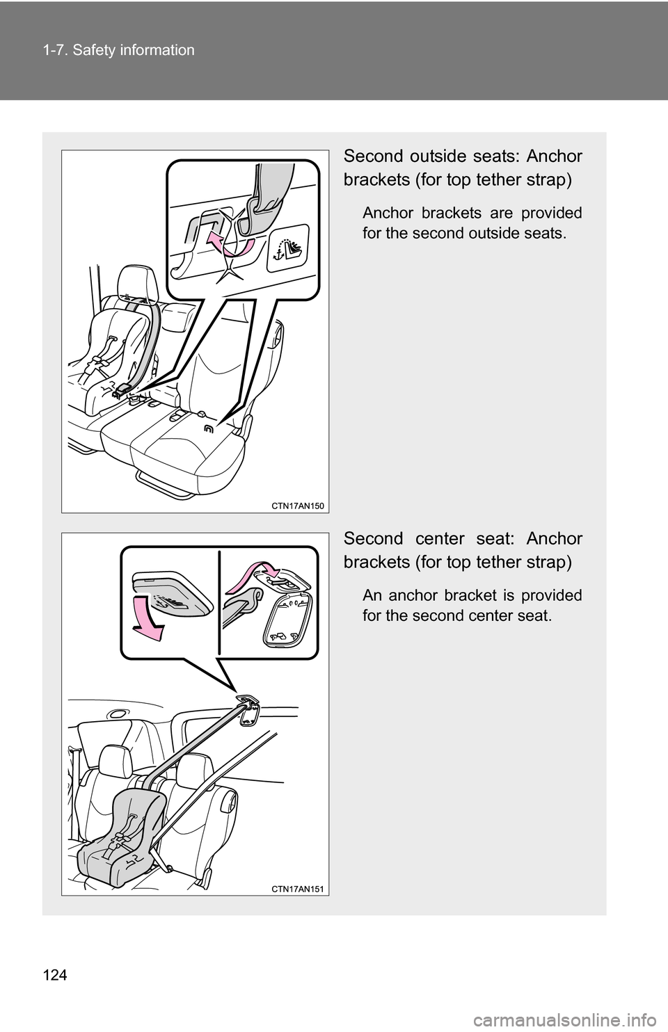 TOYOTA RAV4 2012 XA30 / 3.G Owners Manual 124 1-7. Safety information
Second outside seats: Anchor
brackets (for top tether strap)
Anchor brackets are provided
for the second outside seats.
Second center seat: Anchor
brackets (for top tether TOYOTA RAV4 2012 XA30 / 3.G Owners Manual 124 1-7. Safety information
Second outside seats: Anchor
brackets (for top tether strap)
Anchor brackets are provided
for the second outside seats.
Second center seat: Anchor
brackets (for top tether