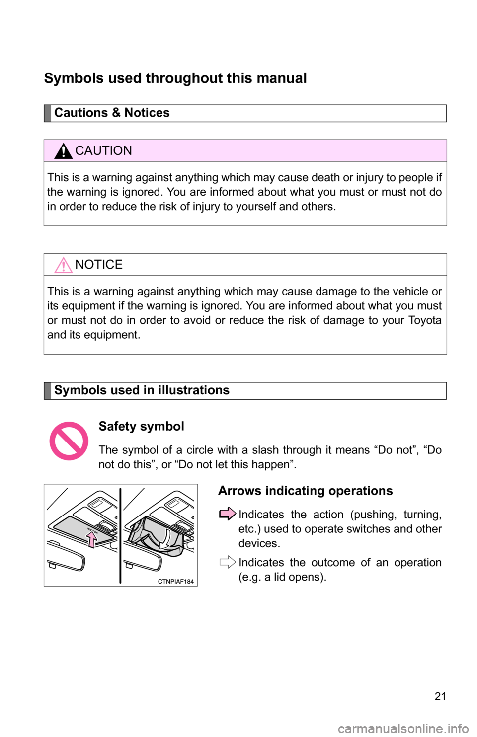 TOYOTA RAV4 2012 XA30 / 3.G Owners Manual 21
Symbols used throughout this manual
Cautions & Notices 
Symbols used in illustrations
CAUTION
This is a warning against anything which may cause death or injury to people if
the warning is ignored.