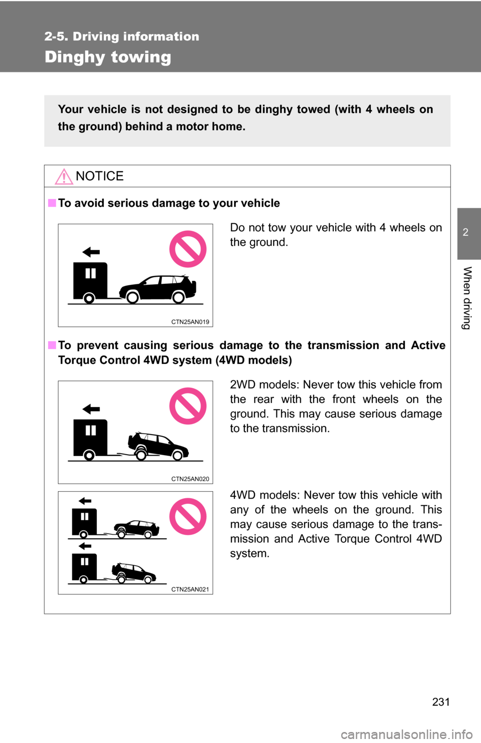TOYOTA RAV4 2012 XA30 / 3.G Owners Manual 231
2-5. Driving information
2
When driving
Dinghy towing
NOTICE
■To avoid serious damage to your vehicle
■ To prevent causing serious damage to the transmission and Active
Torque Control 4WD sys TOYOTA RAV4 2012 XA30 / 3.G Owners Manual 231
2-5. Driving information
2
When driving
Dinghy towing
NOTICE
■To avoid serious damage to your vehicle
■ To prevent causing serious damage to the transmission and Active
Torque Control 4WD sys