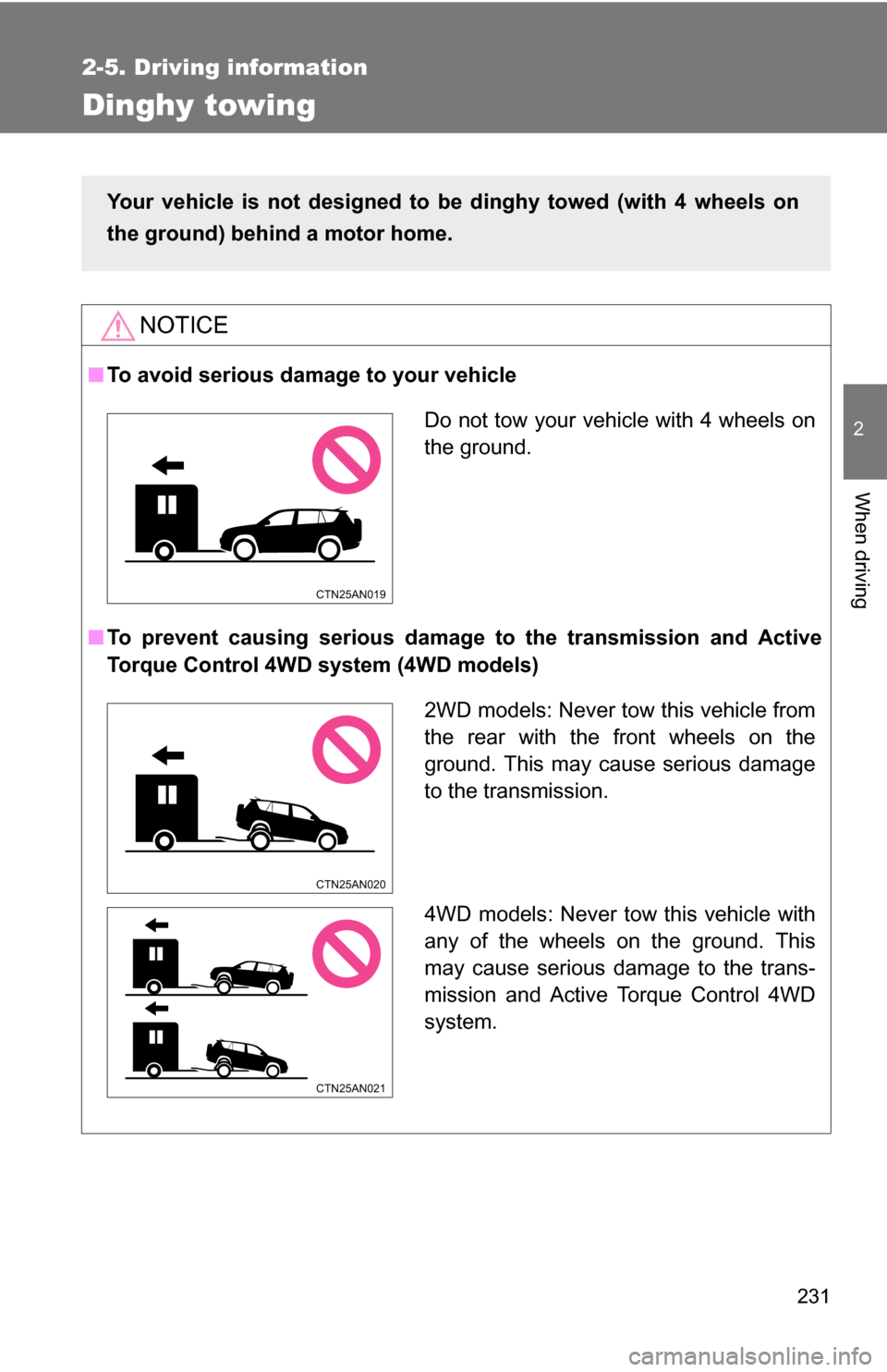 TOYOTA RAV4 2012 XA30 / 3.G Owners Manual 231
2-5. Driving information
2
When driving
Dinghy towing
NOTICE
■To avoid serious damage to your vehicle
■ To prevent causing serious damage  to the transmission and Active
Torque Control 4WD sys