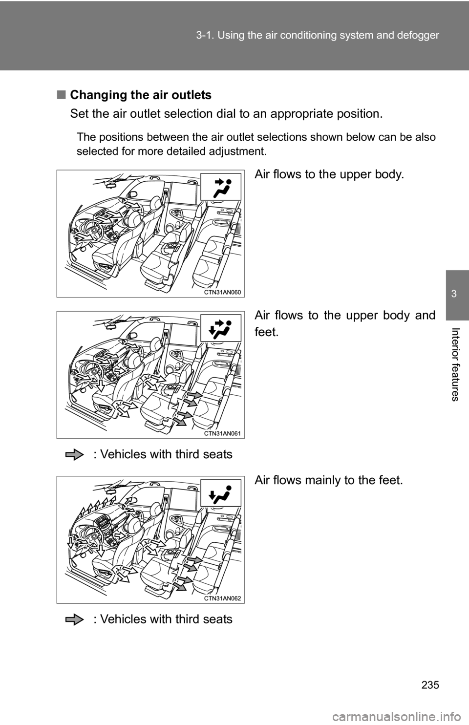 TOYOTA RAV4 2012 XA30 / 3.G Owners Manual 235
3-1. Using the air conditioning system
and defogger
3
Interior features
■Changing the air outlets
Set the air outlet selection di al to an appropriate position.
The positions between the air ou TOYOTA RAV4 2012 XA30 / 3.G Owners Manual 235
3-1. Using the air conditioning system
and defogger
3
Interior features
■Changing the air outlets
Set the air outlet selection di al to an appropriate position.
The positions between the air ou
