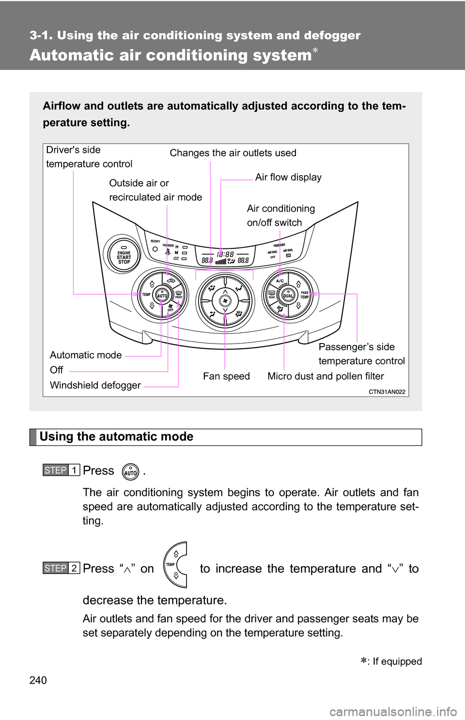 TOYOTA RAV4 2012 XA30 / 3.G Owners Manual 240
3-1. Using the air conditioning system and defogger
Automatic air conditioning system
Using the automatic modePress .
The air conditioning system begins to operate. Air outlets and fan
speed ar TOYOTA RAV4 2012 XA30 / 3.G Owners Manual 240
3-1. Using the air conditioning system and defogger
Automatic air conditioning system
Using the automatic modePress .
The air conditioning system begins to operate. Air outlets and fan
speed ar
