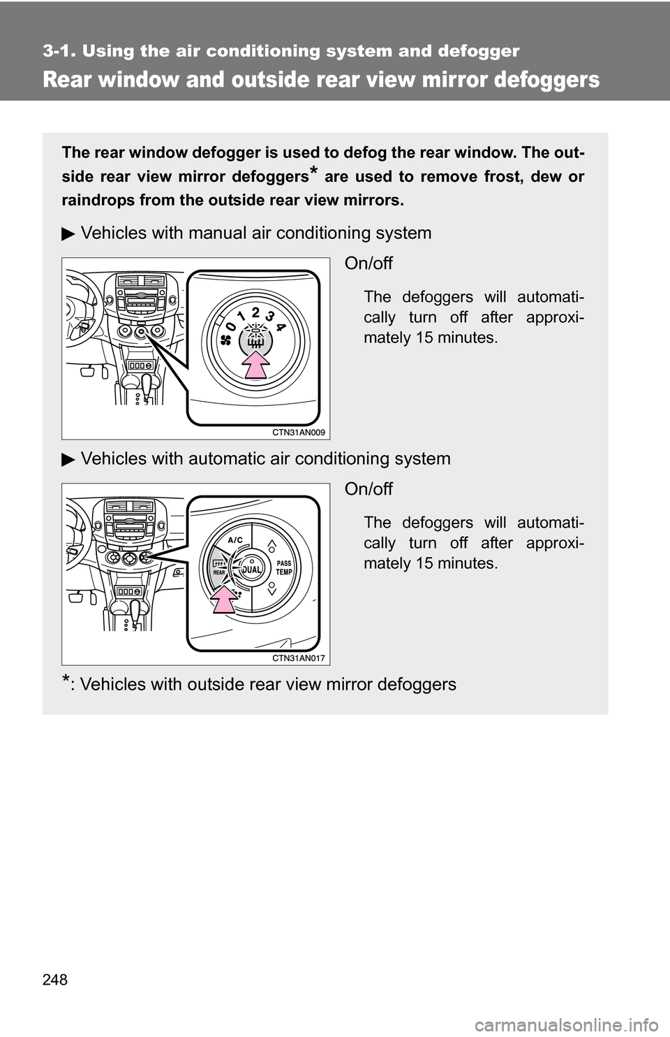 TOYOTA RAV4 2012 XA30 / 3.G Owners Manual 248
3-1. Using the air conditioning system and defogger
Rear window and outside rear view mirror defoggers
The rear window defogger is used to defog the rear window. The out-
side rear view mirror def