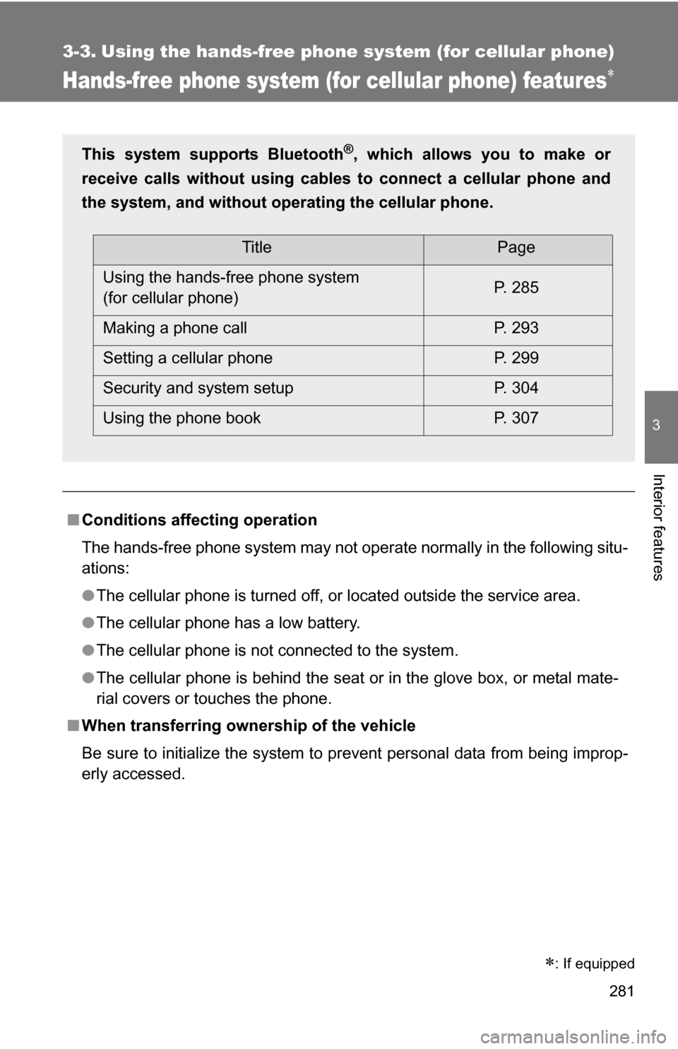 TOYOTA RAV4 2012 XA30 / 3.G Owners Manual 281
3
Interior features
3-3. Using the hands-free phone system (for cellular phone)
Hands-free phone system (for cellular phone) features
■Conditions affecting operation
The hands-free phone syst