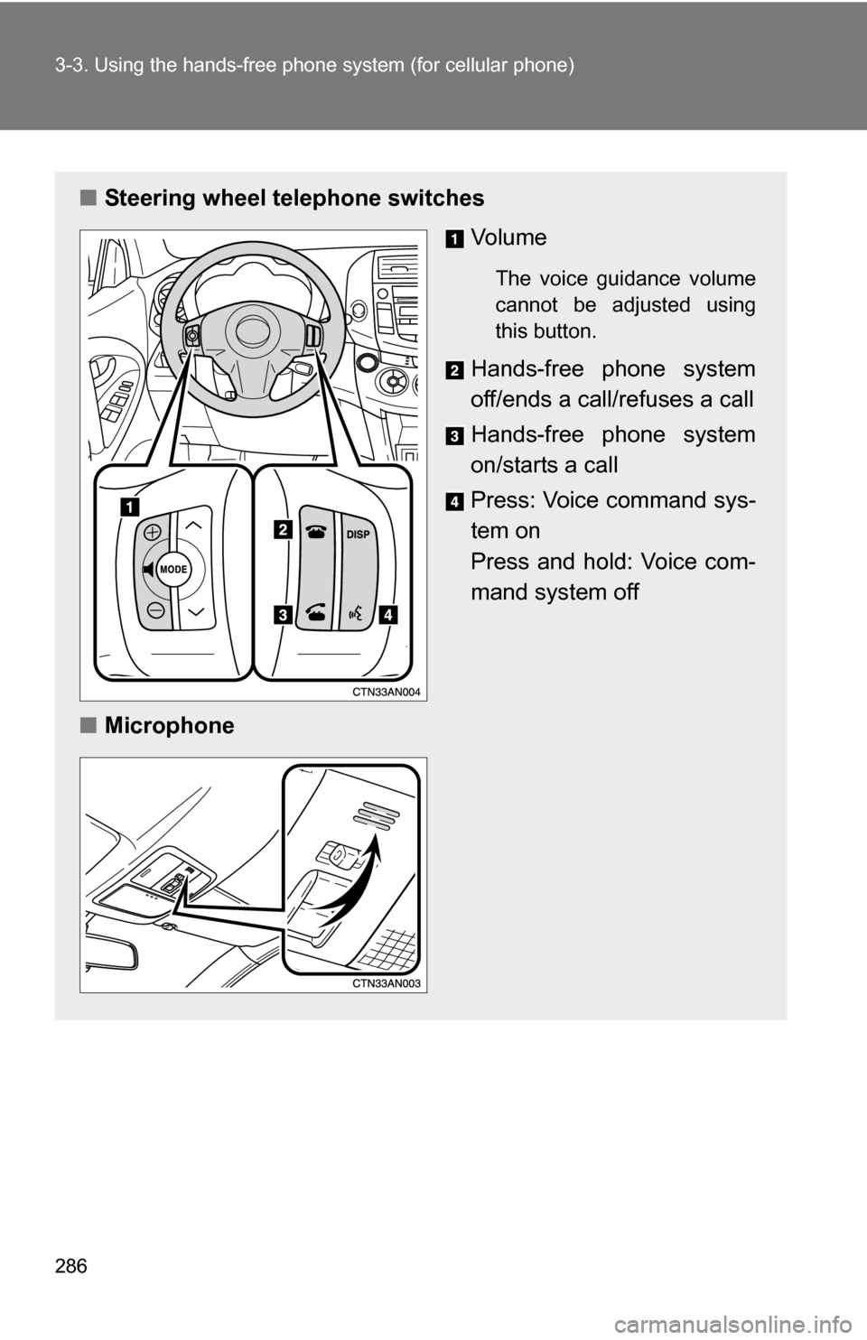 TOYOTA RAV4 2012 XA30 / 3.G Owners Manual 286 3-3. Using the hands-free phone system (for cellular phone)
■Steering wheel telephone switches
Vo l u m e
The voice guidance volume
cannot be adjusted using
this button.
Hands-free phone system
