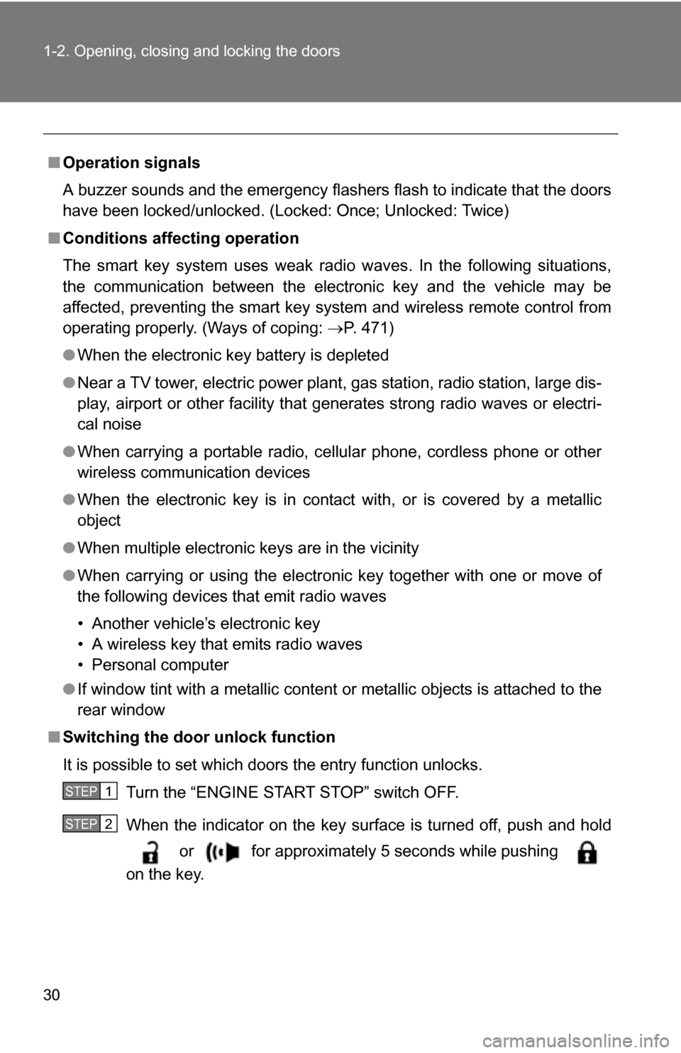TOYOTA RAV4 2012 XA30 / 3.G Owners Manual 30 1-2. Opening, closing and locking the doors
■Operation signals
A buzzer sounds and the emergency flashers flash to indicate that the doors
have been locked/unlocked. (Locked: Once; Unlocked: Twic