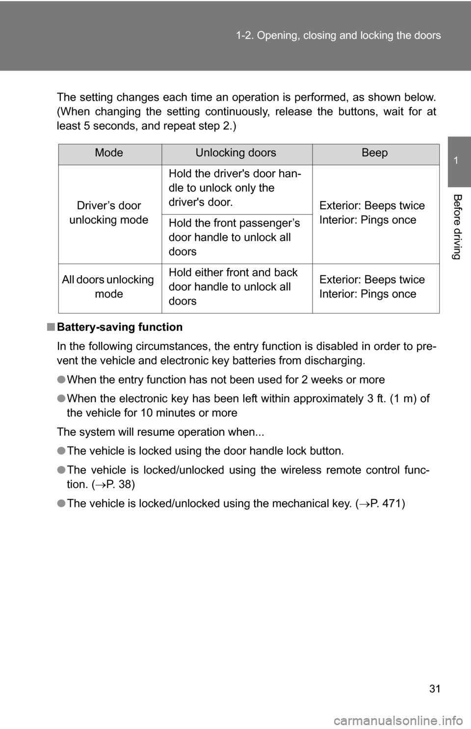 TOYOTA RAV4 2012 XA30 / 3.G Owners Guide 31
1-2. Opening, closing and locking the doors
1
Before driving
The setting changes each time an operation is performed, as shown below.
(When changing the setting continuously, release the buttons, w TOYOTA RAV4 2012 XA30 / 3.G Owners Guide 31
1-2. Opening, closing and locking the doors
1
Before driving
The setting changes each time an operation is performed, as shown below.
(When changing the setting continuously, release the buttons, w