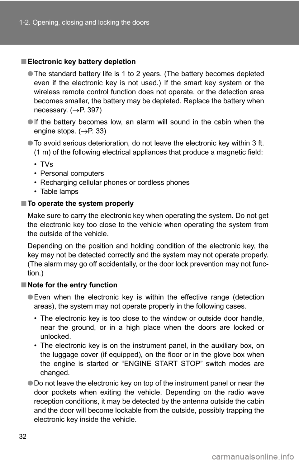 TOYOTA RAV4 2012 XA30 / 3.G Owners Manual 32 1-2. Opening, closing and locking the doors
■Electronic key battery depletion
●The standard battery life is 1 to 2 years. (The battery becomes depleted
even if the electronic key is not used.) 