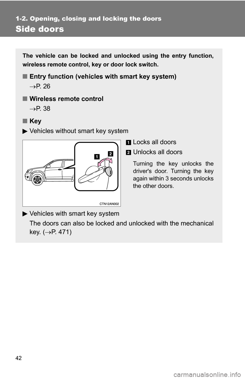 TOYOTA RAV4 2012 XA30 / 3.G Service Manual 42
1-2. Opening, closing and locking the doors
Side doors
The vehicle can be locked and unlocked using the entry function,
wireless remote control, key or door lock switch.
■Entry function (vehicles