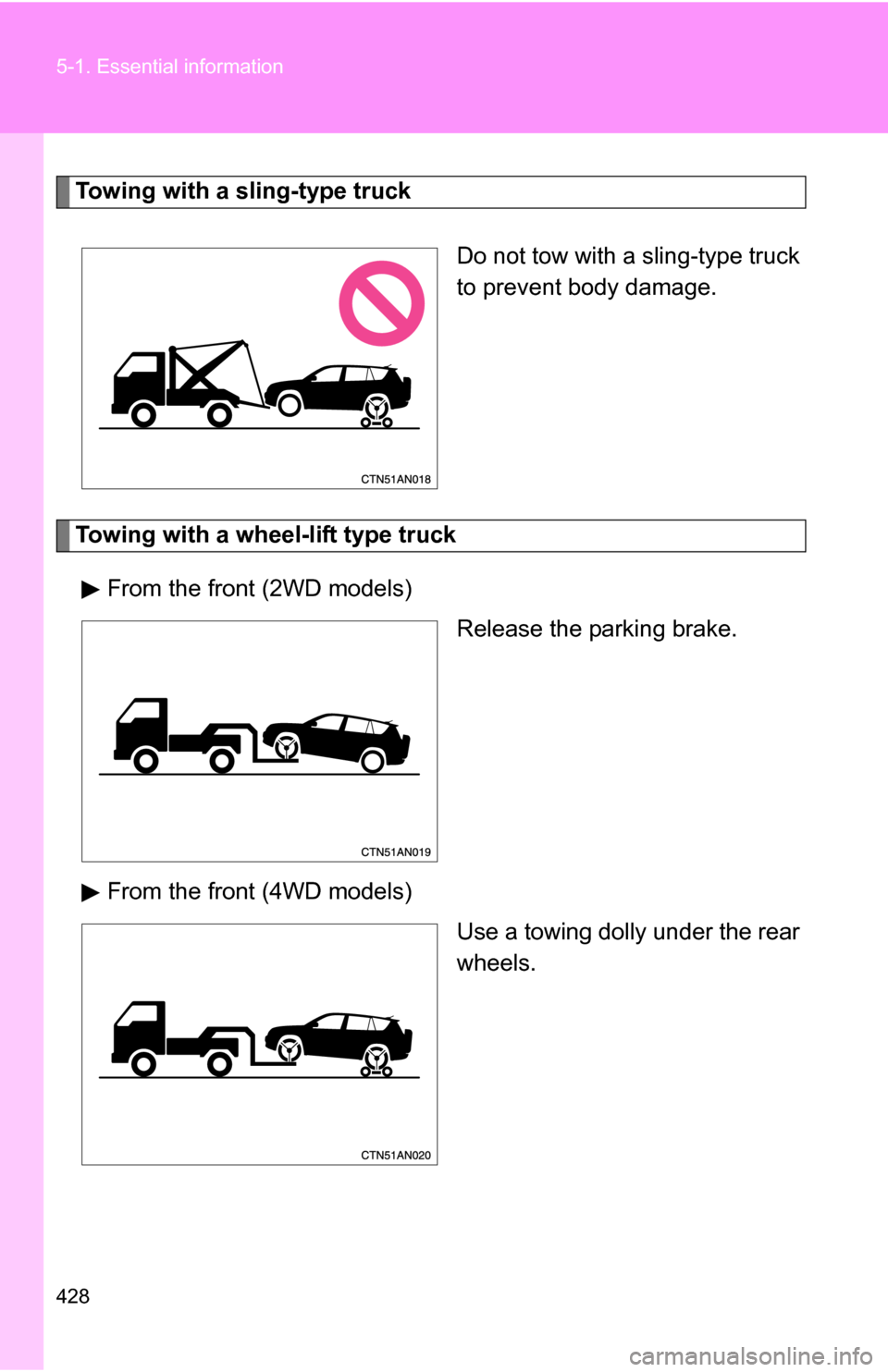 TOYOTA RAV4 2012 XA30 / 3.G Owners Manual 428 5-1. Essential information
Towing with a sling-type truckDo not tow with a sling-type truck
to prevent body damage.
Towing with a wheel-lift type truckFrom the front (2WD models) Release the parki