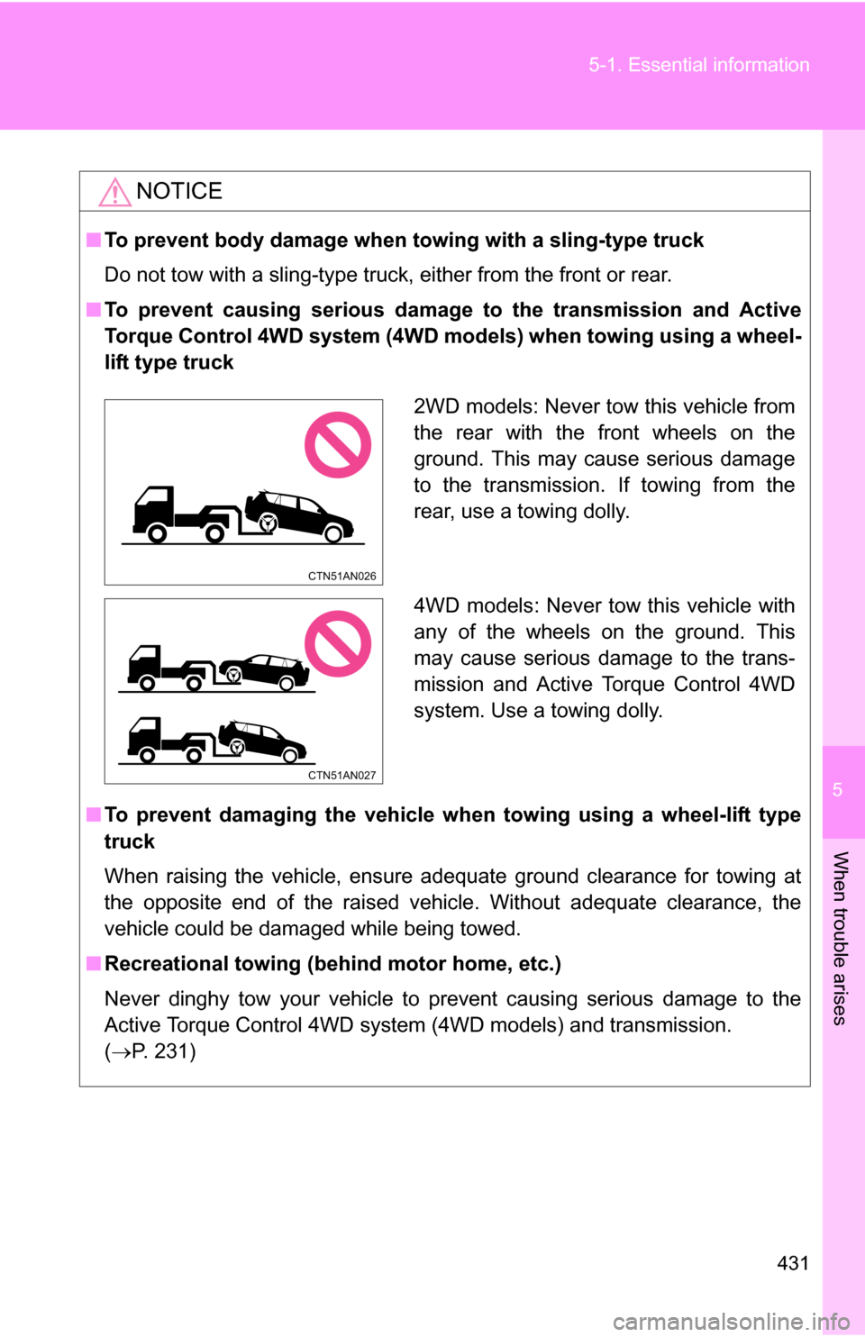 TOYOTA RAV4 2012 XA30 / 3.G Owners Manual 5
When trouble arises
431
5-1. Essential information
NOTICE
■
To prevent body damage when towing with a sling-type truck
Do not tow with a sling-type truck, either from the front or rear.
■ To pre TOYOTA RAV4 2012 XA30 / 3.G Owners Manual 5
When trouble arises
431
5-1. Essential information
NOTICE
■
To prevent body damage when towing with a sling-type truck
Do not tow with a sling-type truck, either from the front or rear.
■ To pre