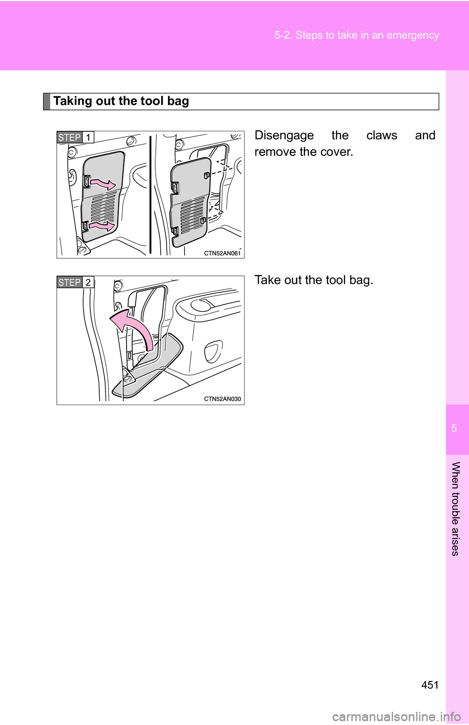 TOYOTA RAV4 2012 XA30 / 3.G Owners Manual 5
When trouble arises
451
5-2. Steps to take in an emergency
Taking out the tool bag
Disengage the claws and
remove the cover.
Take out the tool bag.
STEP 1 
STEP 2  