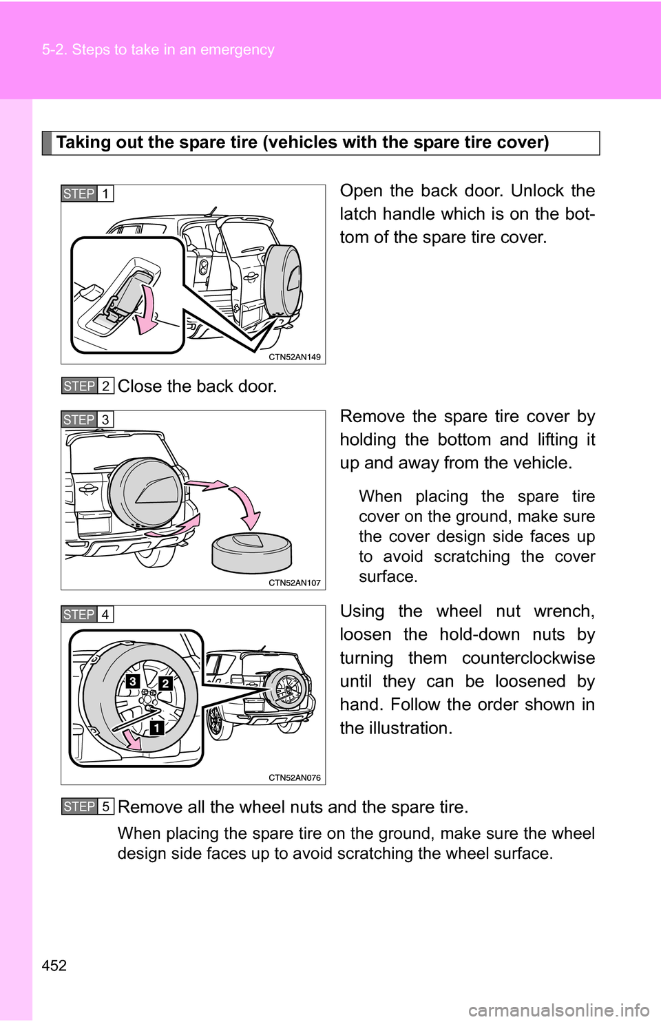 TOYOTA RAV4 2012 XA30 / 3.G Owners Manual 452 5-2. Steps to take in an emergency
Taking out the spare tire (vehicles with the spare tire cover)Open the back door. Unlock the
latch handle which is on the bot-
tom of the spare tire cover.
Close