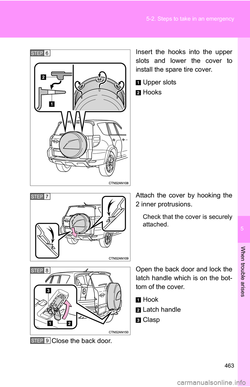 TOYOTA RAV4 2012 XA30 / 3.G Owners Manual 5
When trouble arises
463
5-2. Steps to take in an emergency
Insert the hooks into the upper
slots and lower the cover to
install the spare tire cover.
Upper slots
Hooks
Attach the cover by hooking th TOYOTA RAV4 2012 XA30 / 3.G Owners Manual 5
When trouble arises
463
5-2. Steps to take in an emergency
Insert the hooks into the upper
slots and lower the cover to
install the spare tire cover.
Upper slots
Hooks
Attach the cover by hooking th