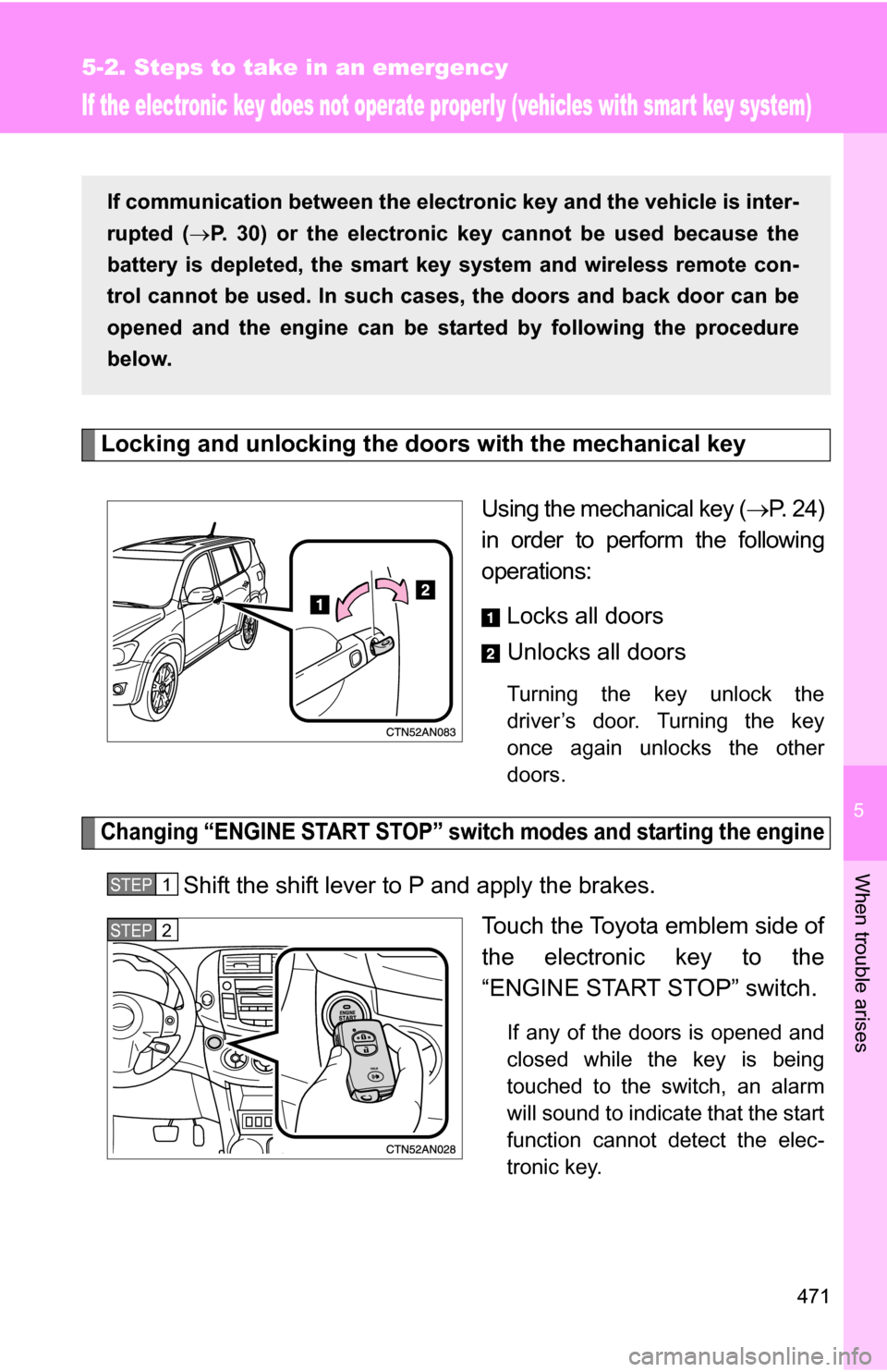 TOYOTA RAV4 2012 XA30 / 3.G Owners Manual 5
When trouble arises
471
5-2. Steps to take in an emergency
If the electronic key does not operate properly (vehicles with smart key system)
Locking and unlocking the doors with the mechanical keyUsi TOYOTA RAV4 2012 XA30 / 3.G Owners Manual 5
When trouble arises
471
5-2. Steps to take in an emergency
If the electronic key does not operate properly (vehicles with smart key system)
Locking and unlocking the doors with the mechanical keyUsi