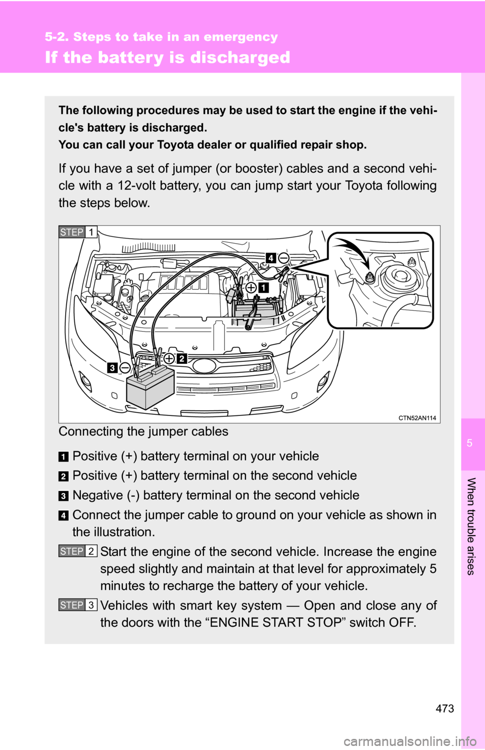 TOYOTA RAV4 2012 XA30 / 3.G Owners Manual 5
When trouble arises
473
5-2. Steps to take in an emergency
If the batter y is discharged
The following procedures may be used to start the engine if the vehi-
cles battery is discharged.
You can ca TOYOTA RAV4 2012 XA30 / 3.G Owners Manual 5
When trouble arises
473
5-2. Steps to take in an emergency
If the batter y is discharged
The following procedures may be used to start the engine if the vehi-
cles battery is discharged.
You can ca