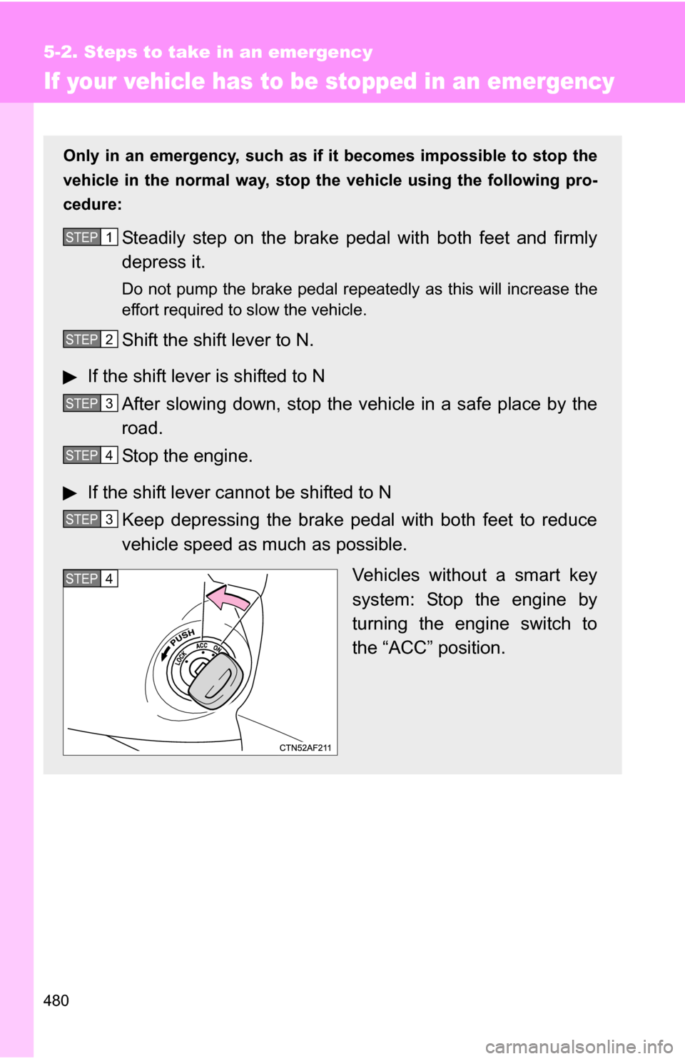 TOYOTA RAV4 2012 XA30 / 3.G Owners Manual 480
5-2. Steps to take in an emergency
If your vehicle has to be stopped in an emergency
Only in an emergency, such as if it becomes impossible to stop the
vehicle in the normal way, stop the vehicl TOYOTA RAV4 2012 XA30 / 3.G Owners Manual 480
5-2. Steps to take in an emergency
If your vehicle has to be stopped in an emergency
Only in an emergency, such as if it becomes impossible to stop the
vehicle in the normal way, stop the vehicl