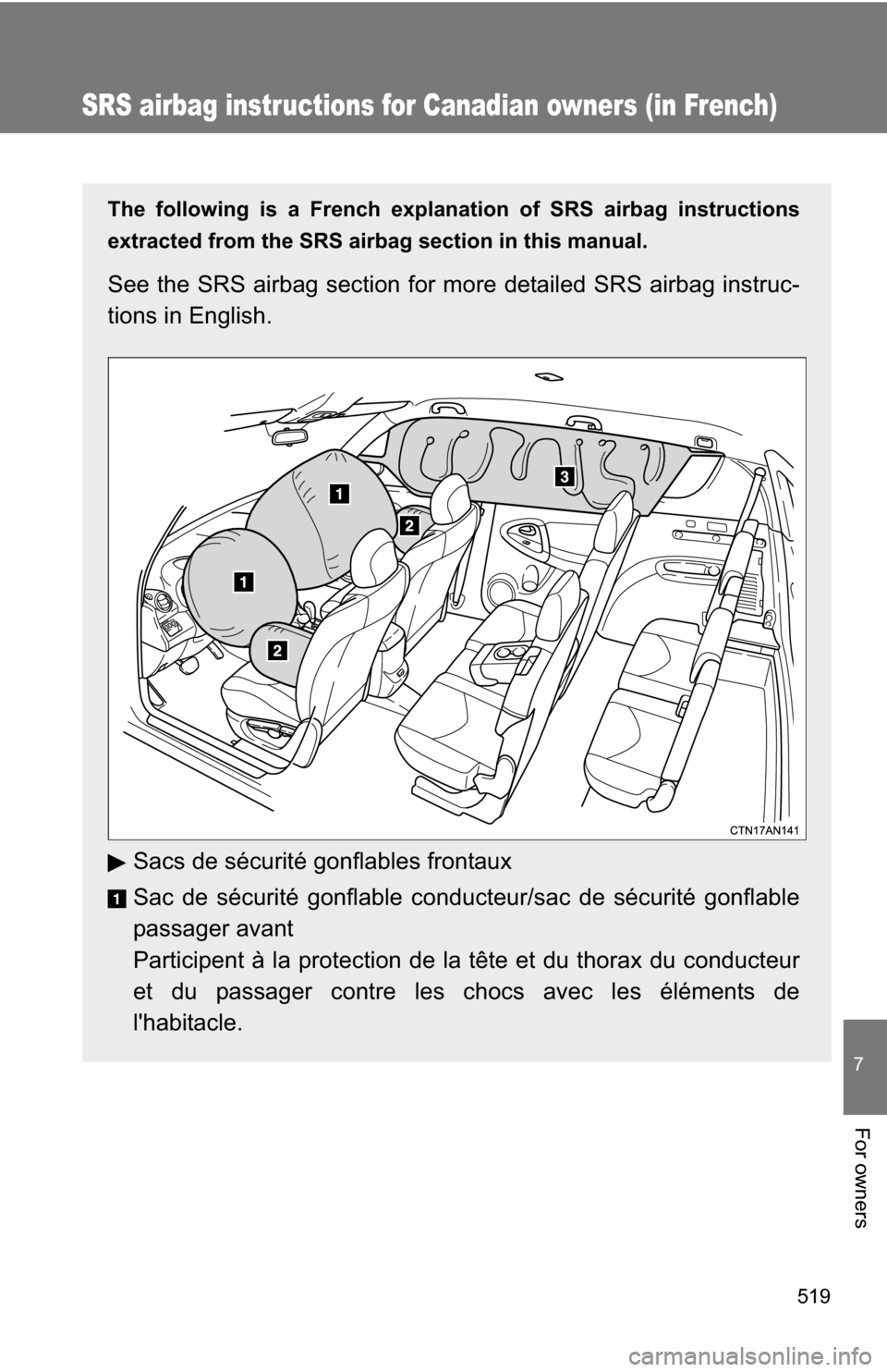 TOYOTA RAV4 2012 XA30 / 3.G Owners Manual 519
7
For owners
SRS airbag instructions for Canadian owners (in French)
The following is a French explanation of SRS airbag instructions
extracted from the SRS airbag section in this manual.
See the 