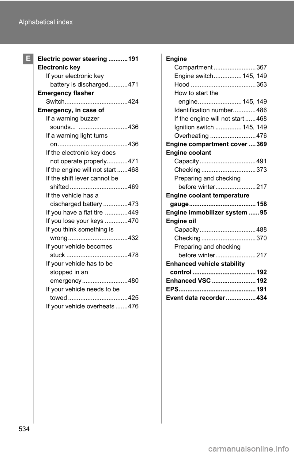 TOYOTA RAV4 2012 XA30 / 3.G Owners Manual 534 Alphabetical index
Electric power steering ........... 191
Electronic keyIf your electronic key battery is discharged........... 471
Emergency flasher
Switch.................................... 42 TOYOTA RAV4 2012 XA30 / 3.G Owners Manual 534 Alphabetical index
Electric power steering ........... 191
Electronic keyIf your electronic key battery is discharged........... 471
Emergency flasher
Switch.................................... 42