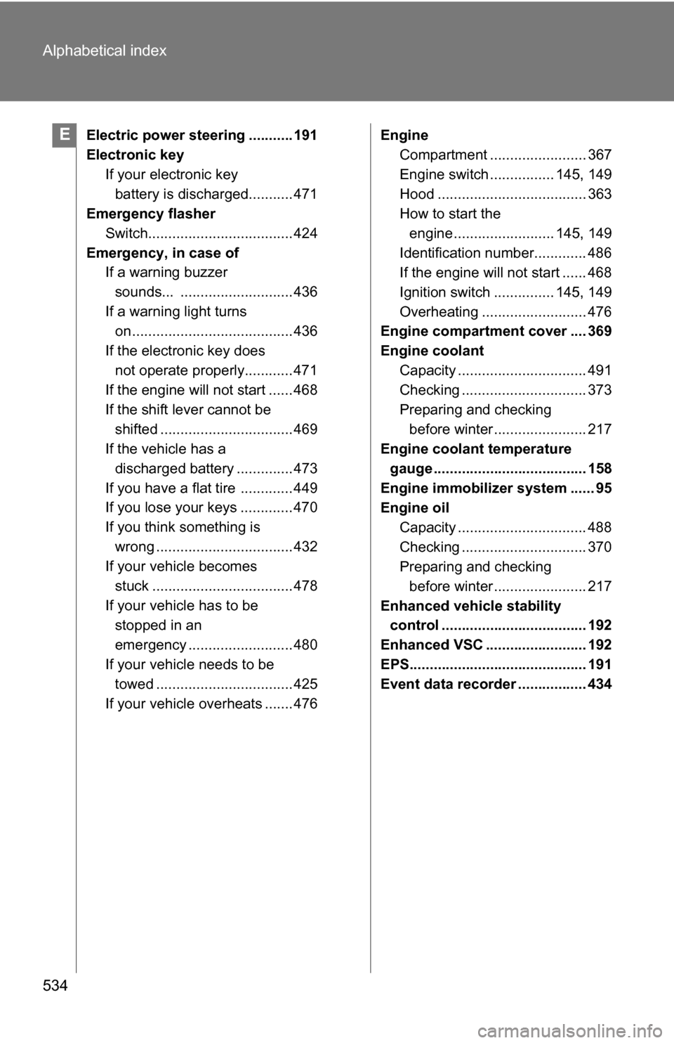 TOYOTA RAV4 2012 XA30 / 3.G Workshop Manual 534 Alphabetical index
Electric power steering ........... 191
Electronic keyIf your electronic key battery is discharged........... 471
Emergency flasher
Switch.................................... 42
