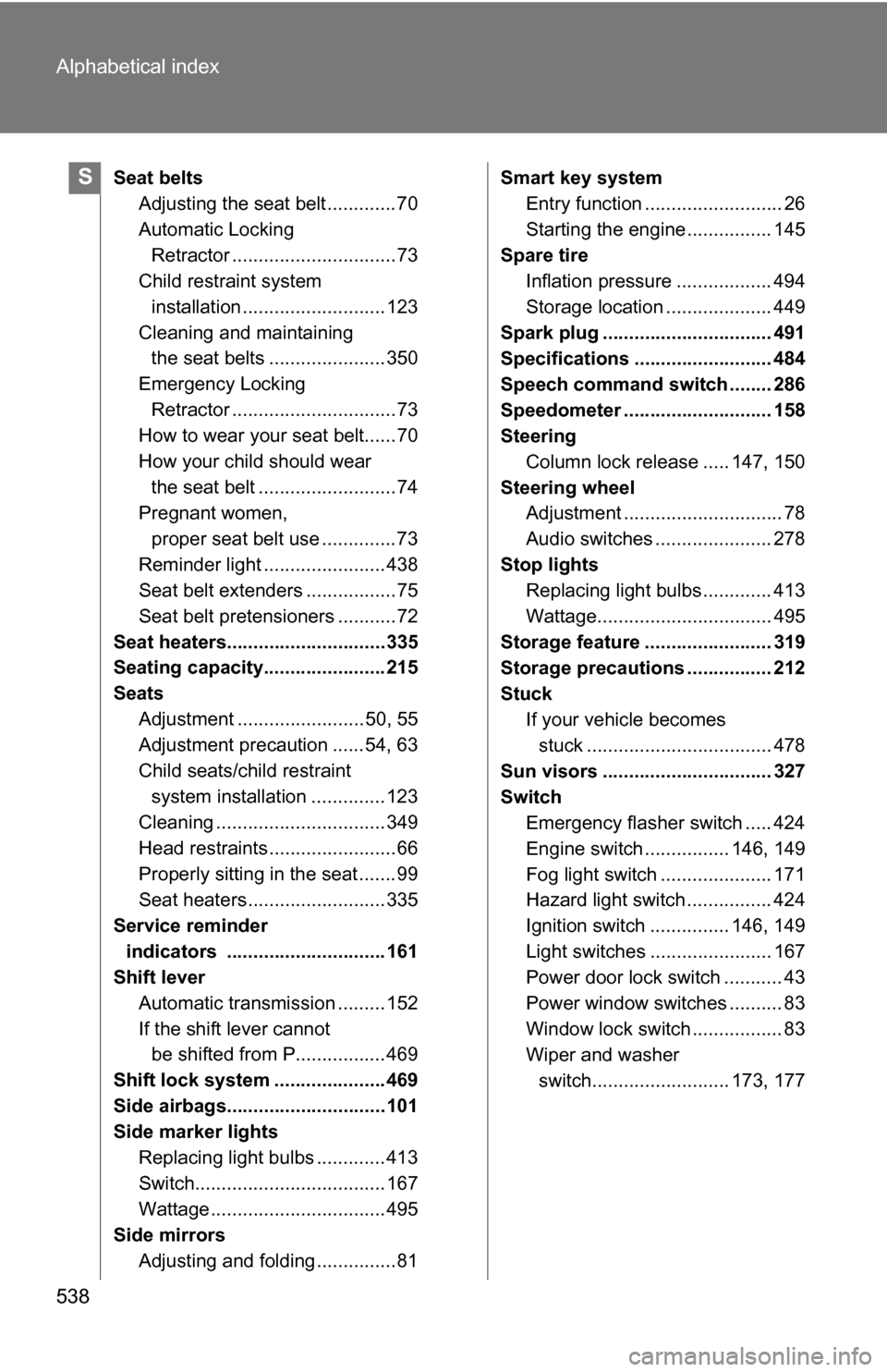 TOYOTA RAV4 2012 XA30 / 3.G Owners Manual 538 Alphabetical index
Seat beltsAdjusting the seat belt .............70
Automatic Locking
Retractor ...............................73
Child restraint system
installation ........................... TOYOTA RAV4 2012 XA30 / 3.G Owners Manual 538 Alphabetical index
Seat beltsAdjusting the seat belt .............70
Automatic Locking
Retractor ...............................73
Child restraint system
installation ...........................