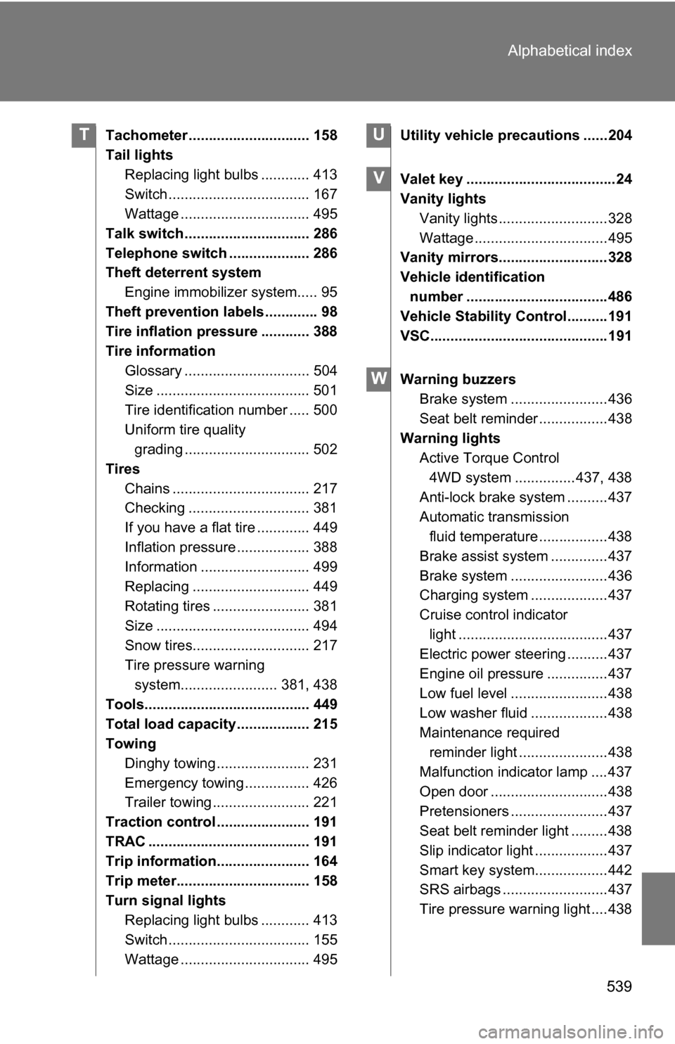 TOYOTA RAV4 2012 XA30 / 3.G Owners Manual 539
Alphabetical index
Tachometer .............................. 158
Tail lights
Replacing light bulbs ............ 413
Switch ................................... 167
Wattage ......................... TOYOTA RAV4 2012 XA30 / 3.G Owners Manual 539
Alphabetical index
Tachometer .............................. 158
Tail lights
Replacing light bulbs ............ 413
Switch ................................... 167
Wattage .........................