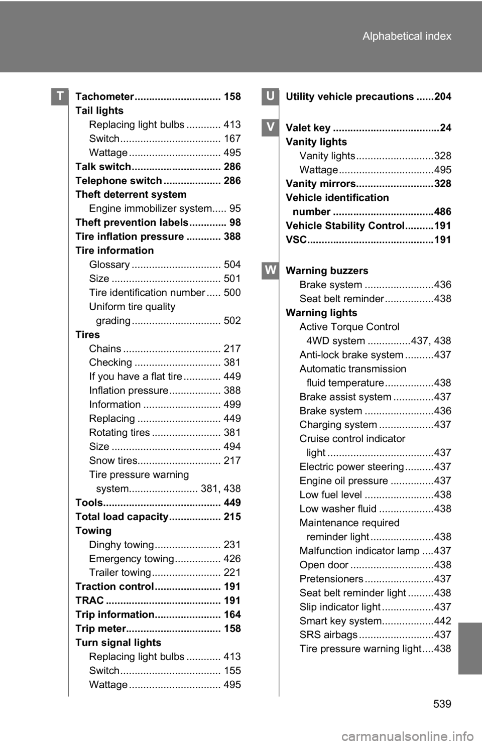 TOYOTA RAV4 2012 XA30 / 3.G Owners Manual 539
Alphabetical index
Tachometer .............................. 158
Tail lights
Replacing light bulbs ............ 413
Switch ................................... 167
Wattage .........................