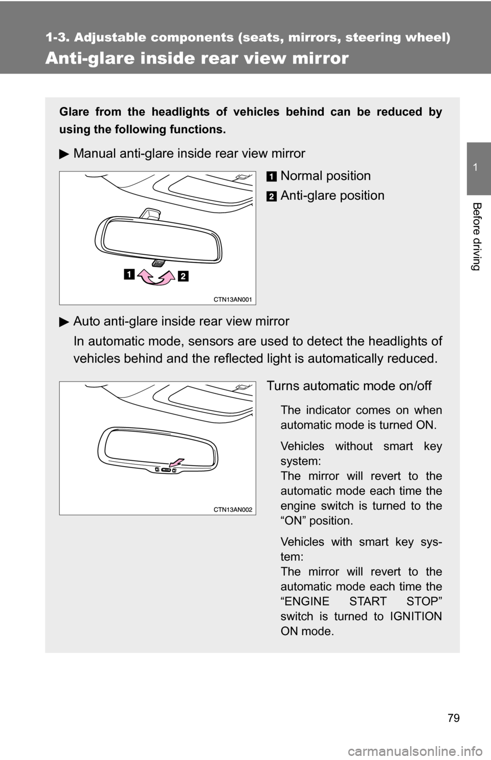 TOYOTA RAV4 2012 XA30 / 3.G Manual PDF 79
1
1-3. Adjustable components (seats, mirrors, steering wheel)
Before driving
Anti-glare inside rear view mirror
Glare from the headlights of vehicles behind can be reduced by
using the following fu TOYOTA RAV4 2012 XA30 / 3.G Manual PDF 79
1
1-3. Adjustable components (seats, mirrors, steering wheel)
Before driving
Anti-glare inside rear view mirror
Glare from the headlights of vehicles behind can be reduced by
using the following fu